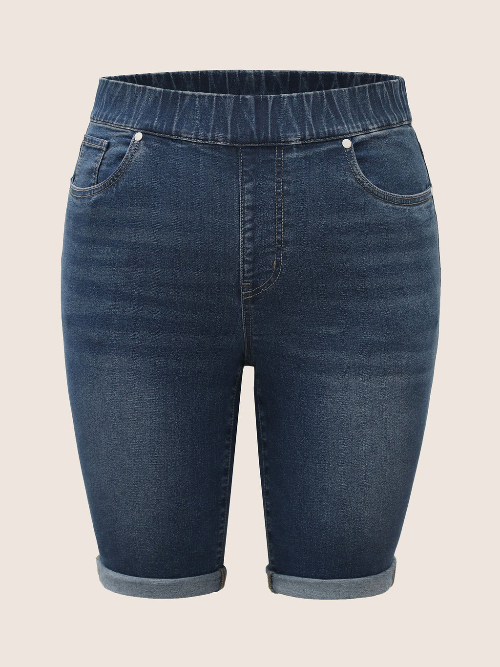 Roll Hem Elastic Waist Dark Wash Denim Shorts