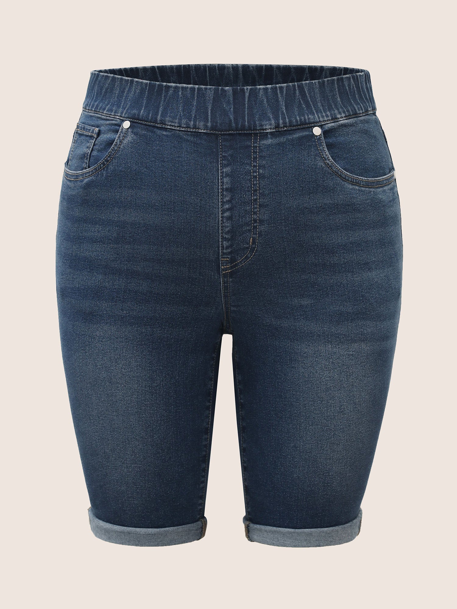 Roll Hem Elastic Waist Dark Wash Denim Shorts