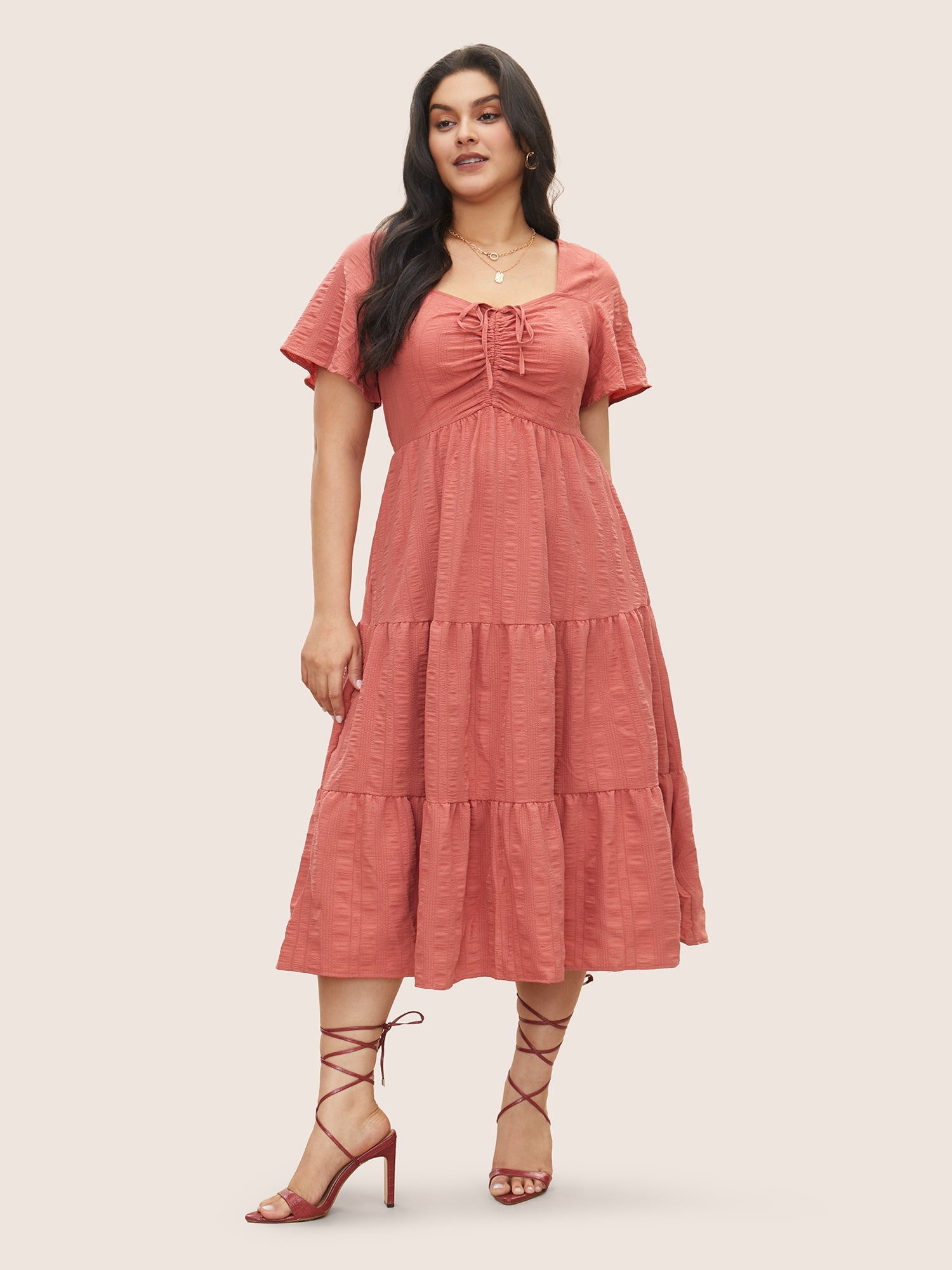 Plain Ruched Drawstring Pocket Ruffle Tiered Dress