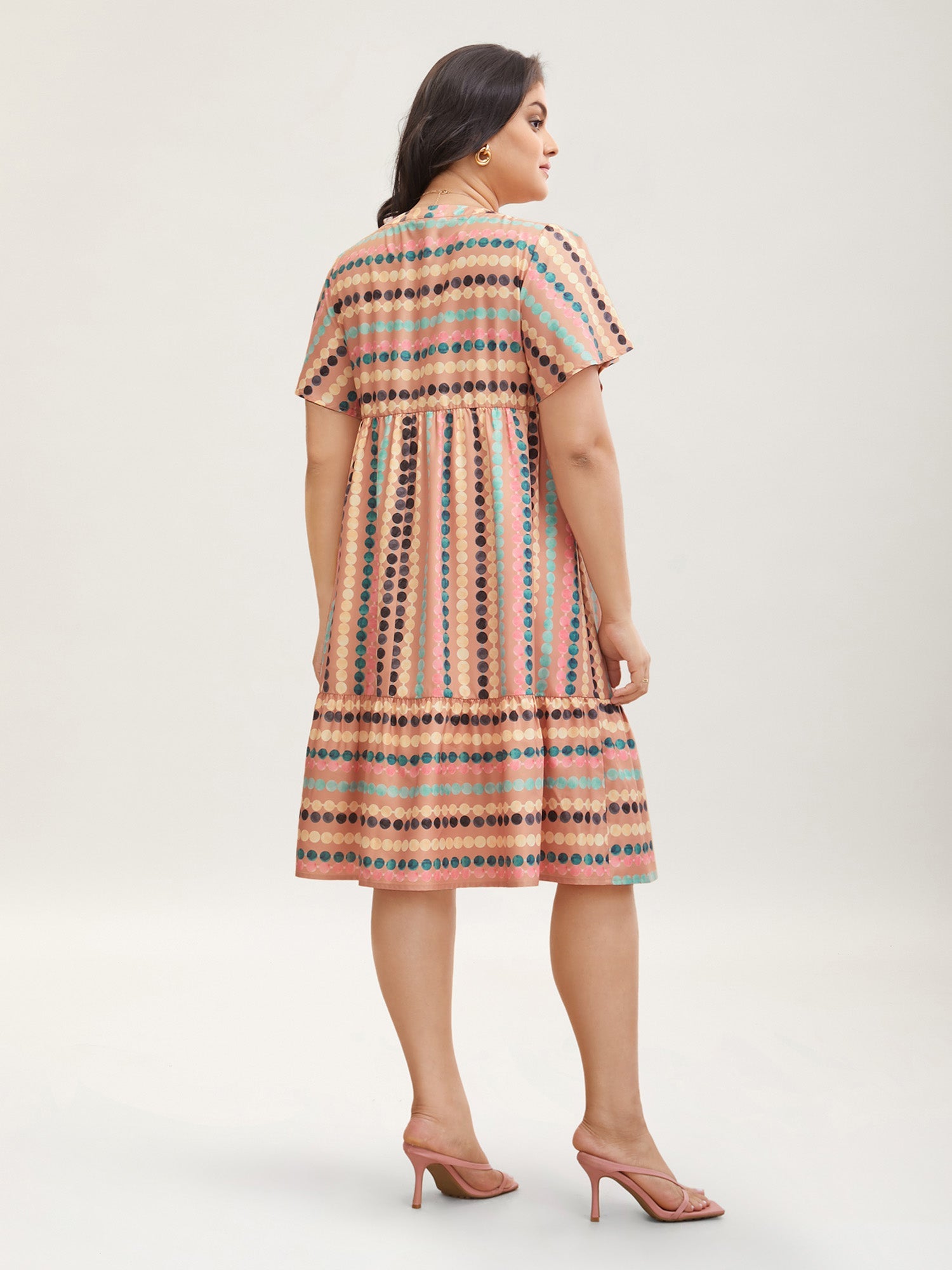 Dot Print Elastic Waist Split Neck Midi Dress