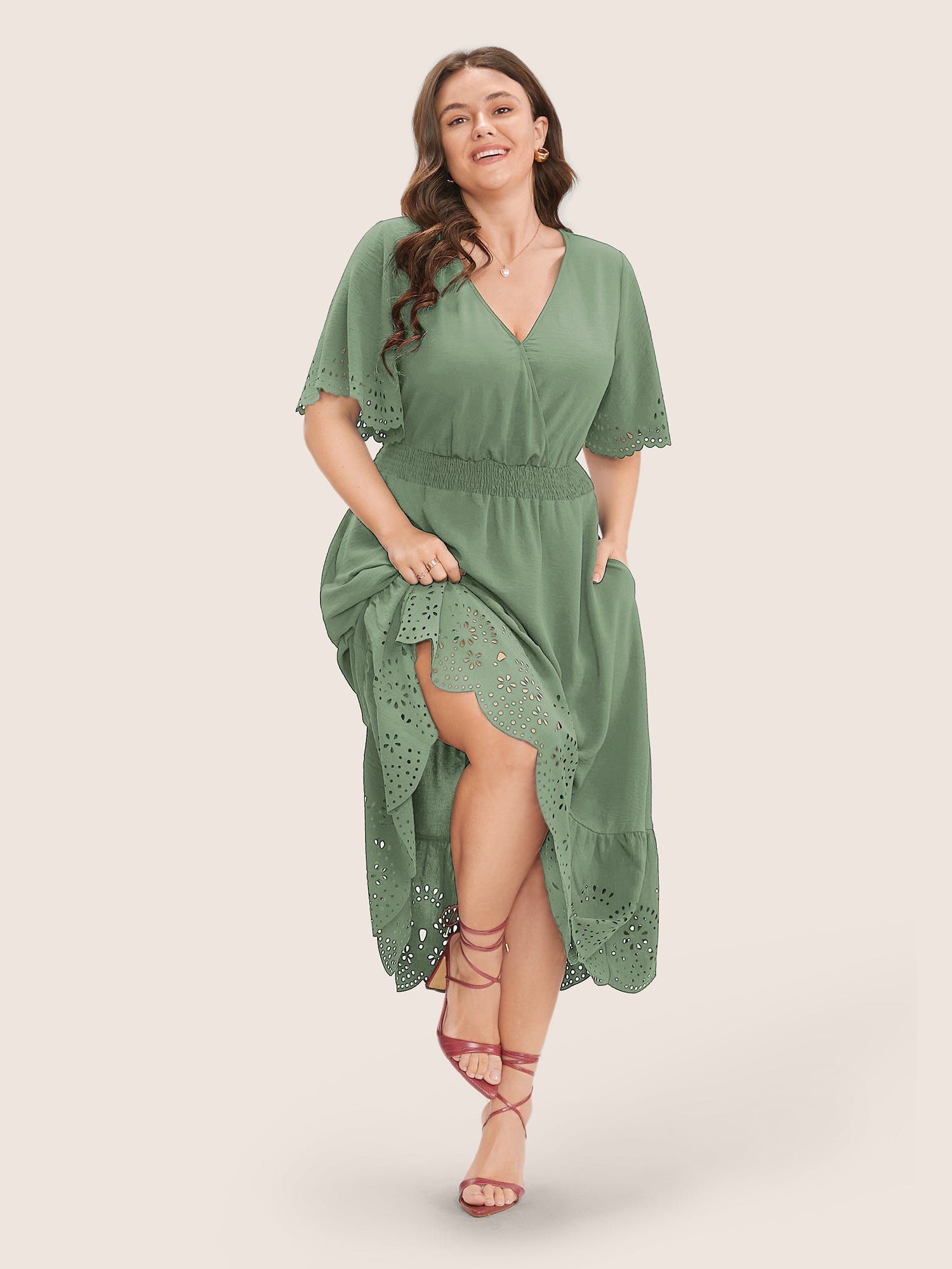 Solid Laser Cut Shirred Pocket Wrap Scalloped Trim Flutter Dress