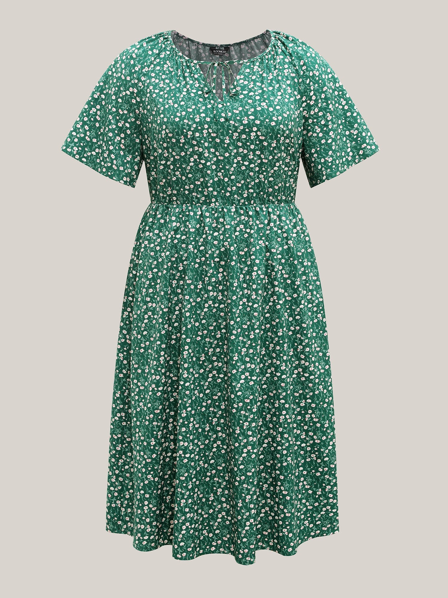 Floral Print Split Neck Pockets Midi Dress
