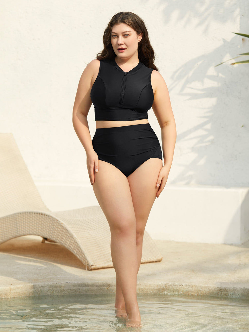 Glide Lock Zipper Plain Fitted Swim Top