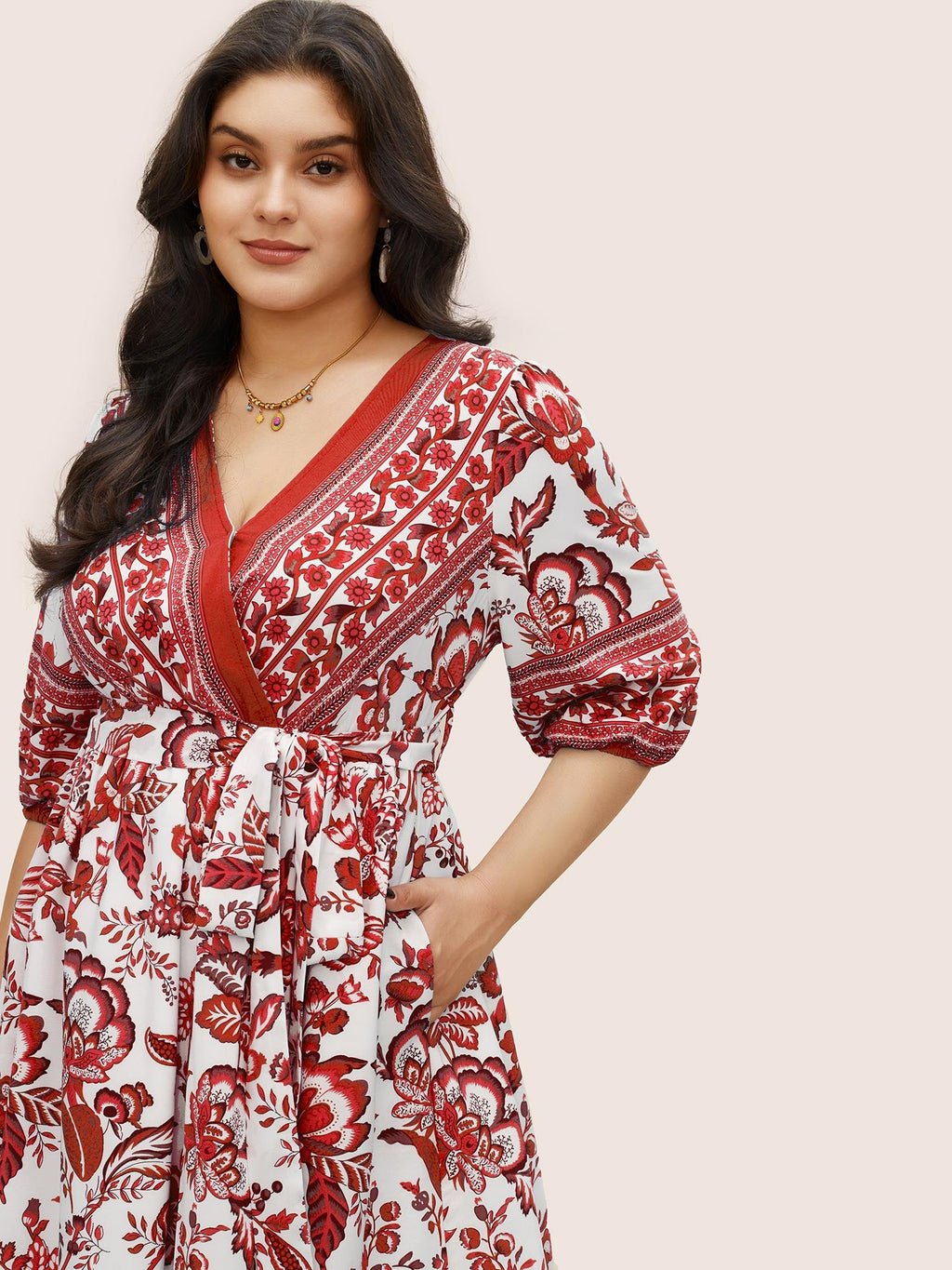Bandana Print Surplice Neck Lantern Sleeve Pocket Belted Midi Dress