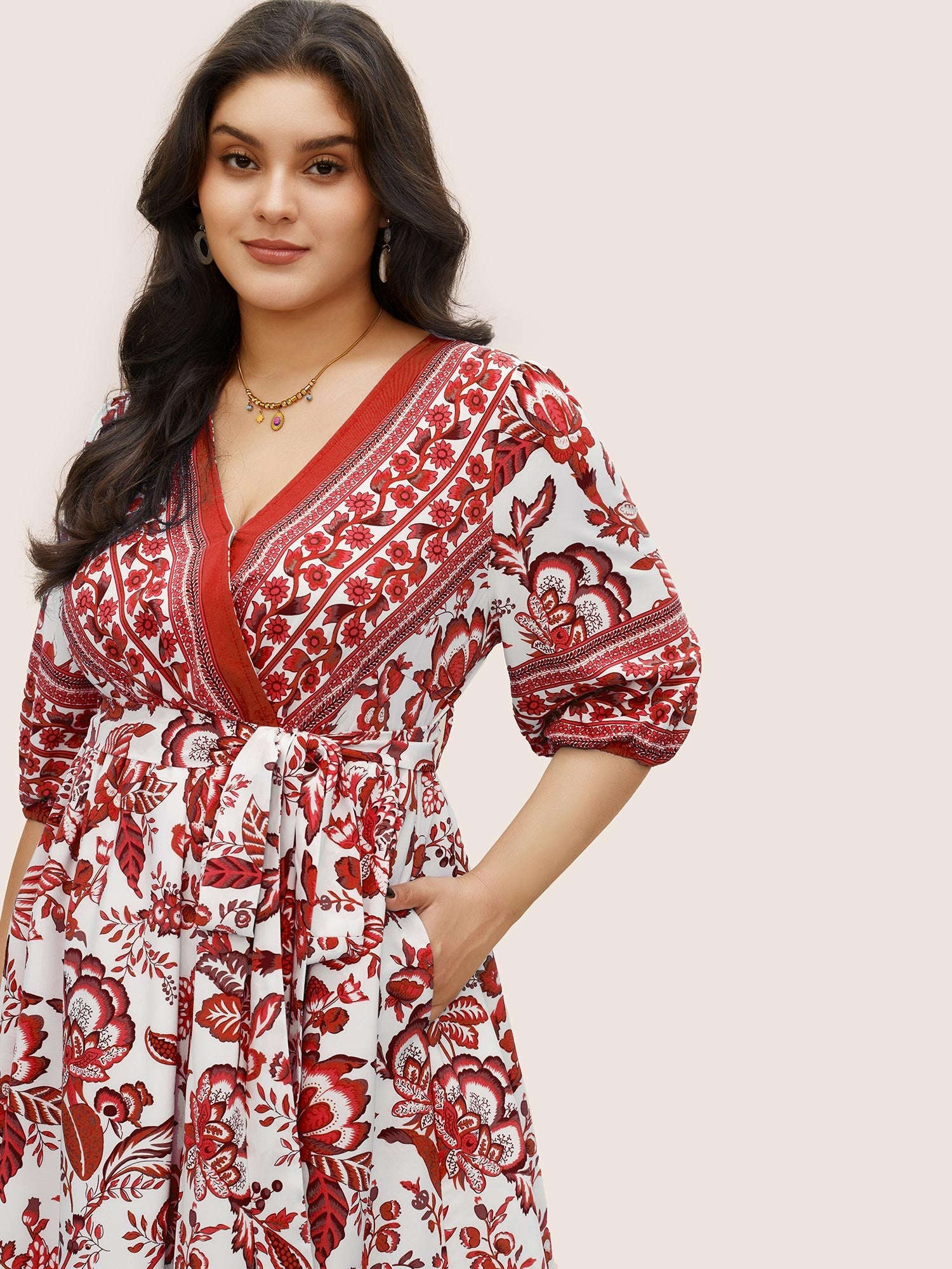 Bandana Print Surplice Neck Lantern Sleeve Pocket Belted Midi Dress