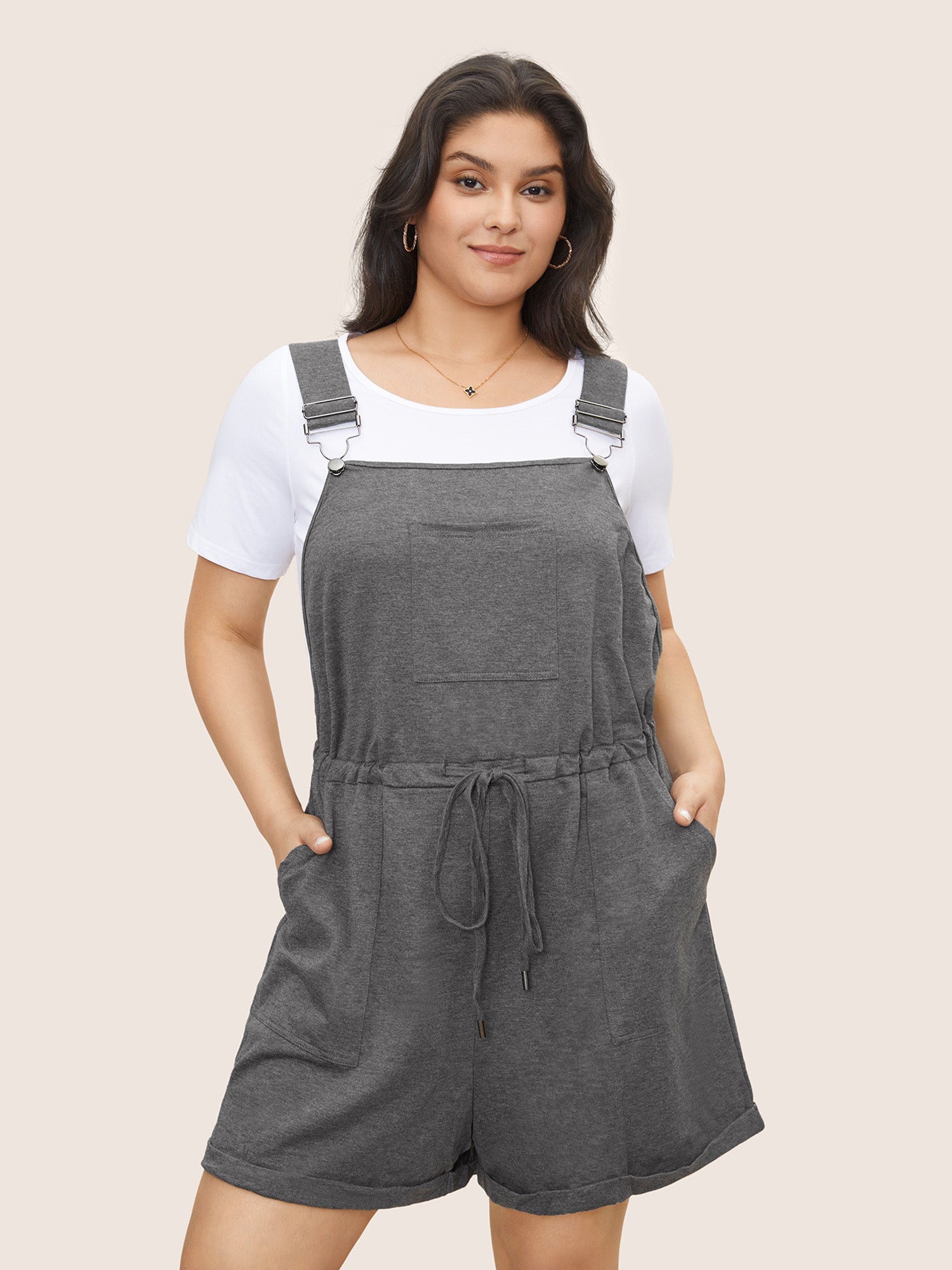 Solid Pocket Drawstring Overall Romper