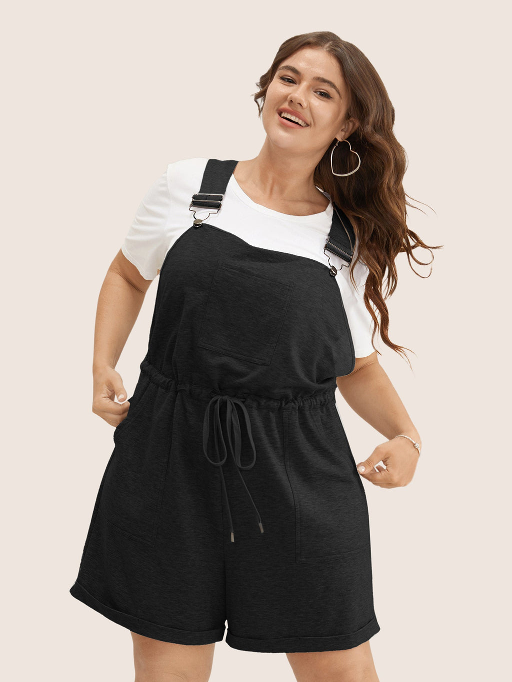 Solid Pocket Drawstring Overall Romper
