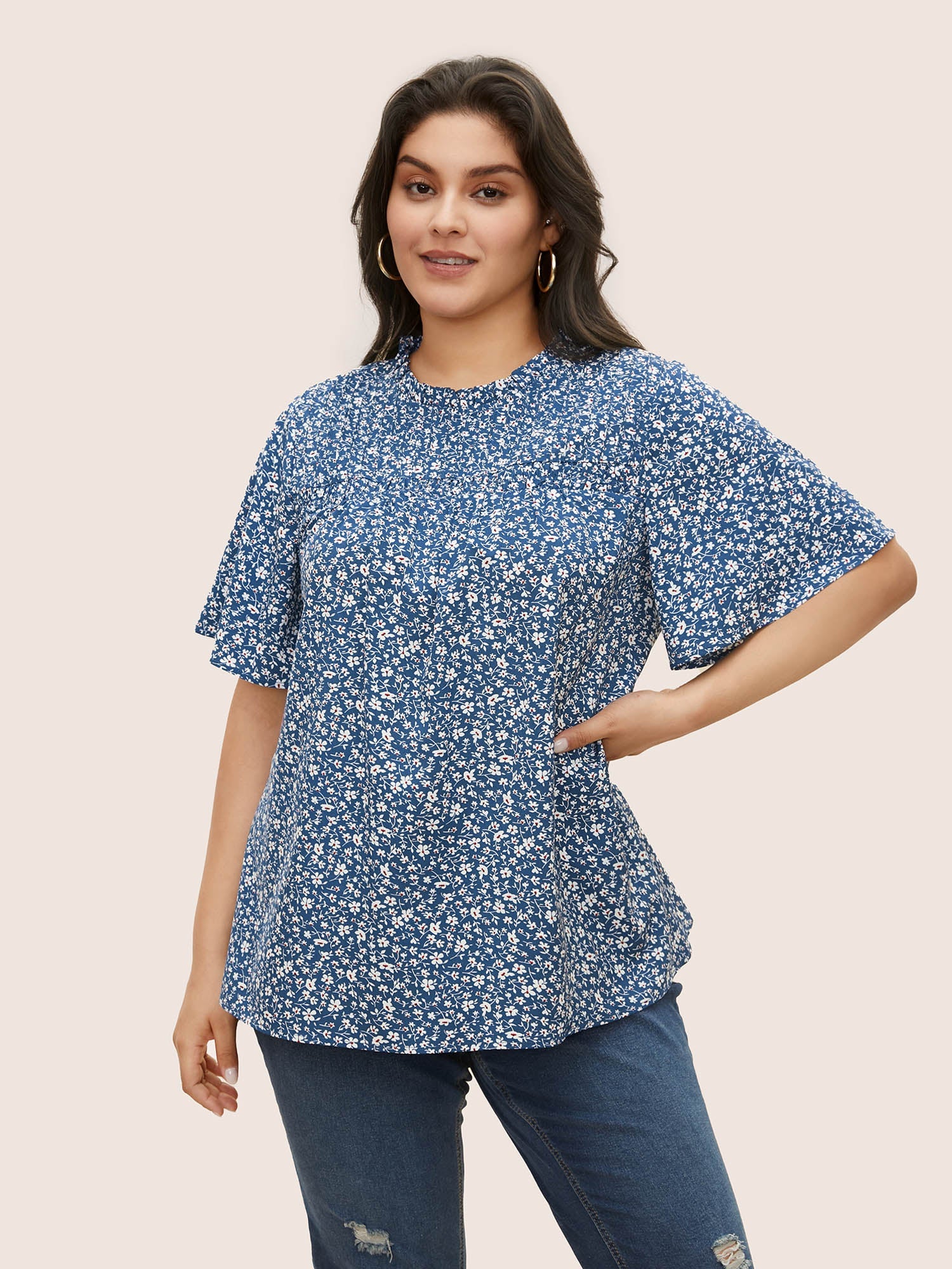 Ditsy Floral Plicated Detail Frill Trim Blouse