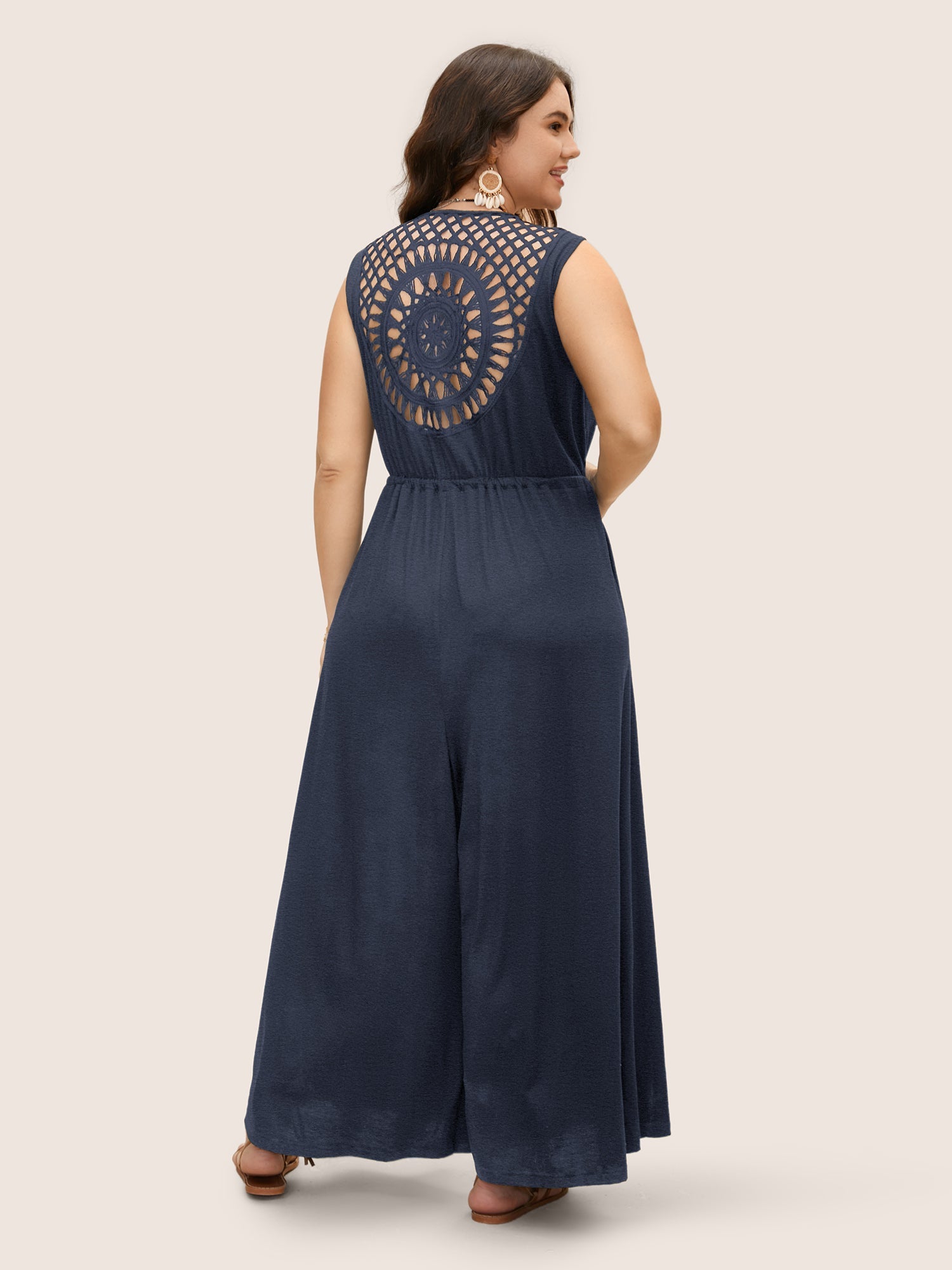 V Neck Crocheted Cut Out Jumpsuit