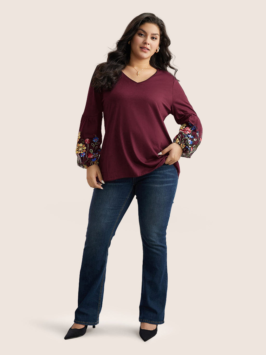 Floral Embroidered Lantern Sleeve T-shirt
