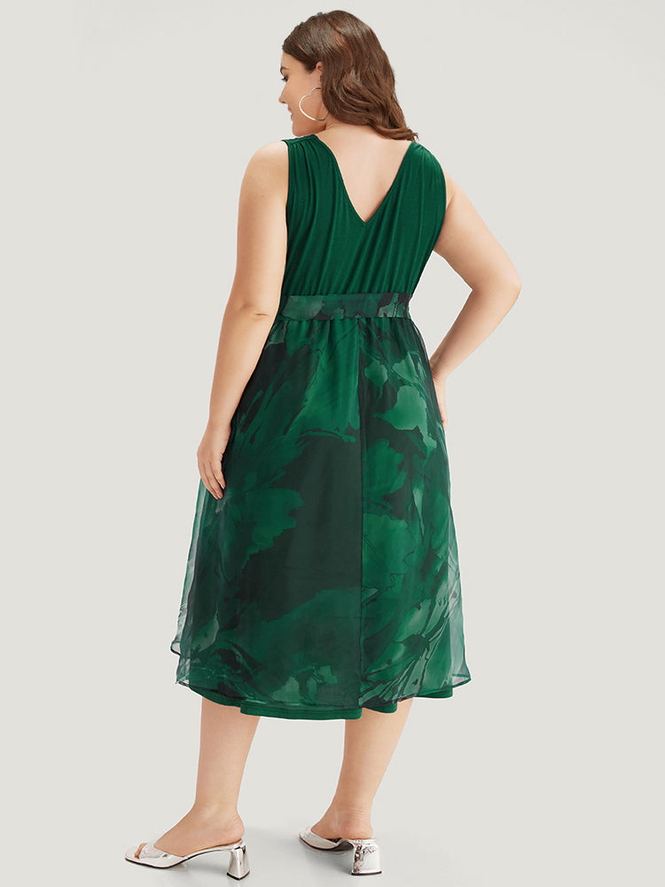Floral Print Belted Patchwork Pocket Tank Dress