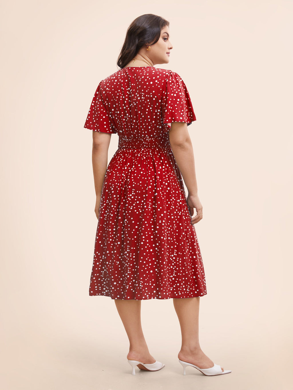 Polka Dot Wrap Pocket Shirred Ruffle Sleeve Dress