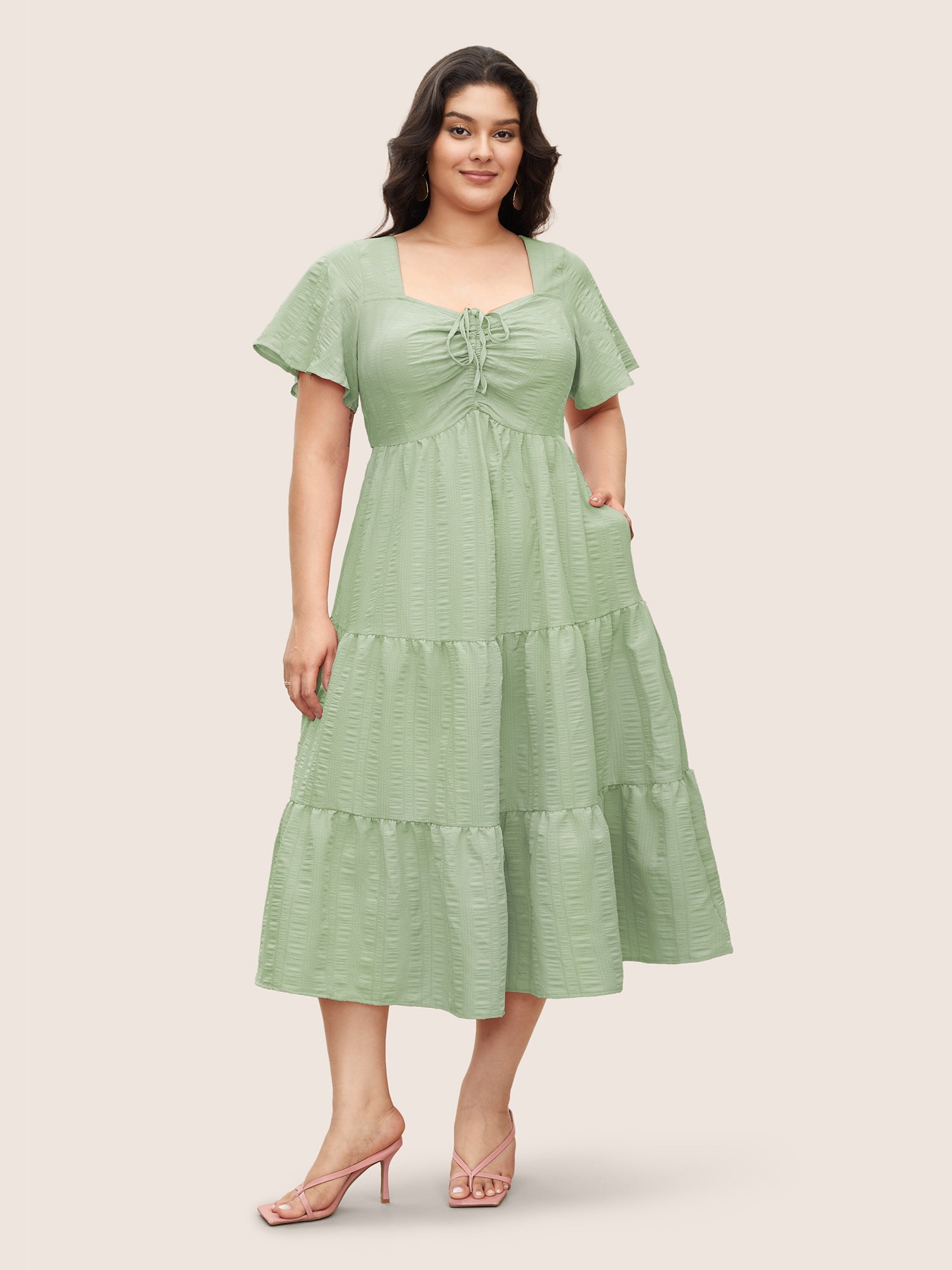 Plain Ruched Drawstring Pocket Ruffle Tiered Dress
