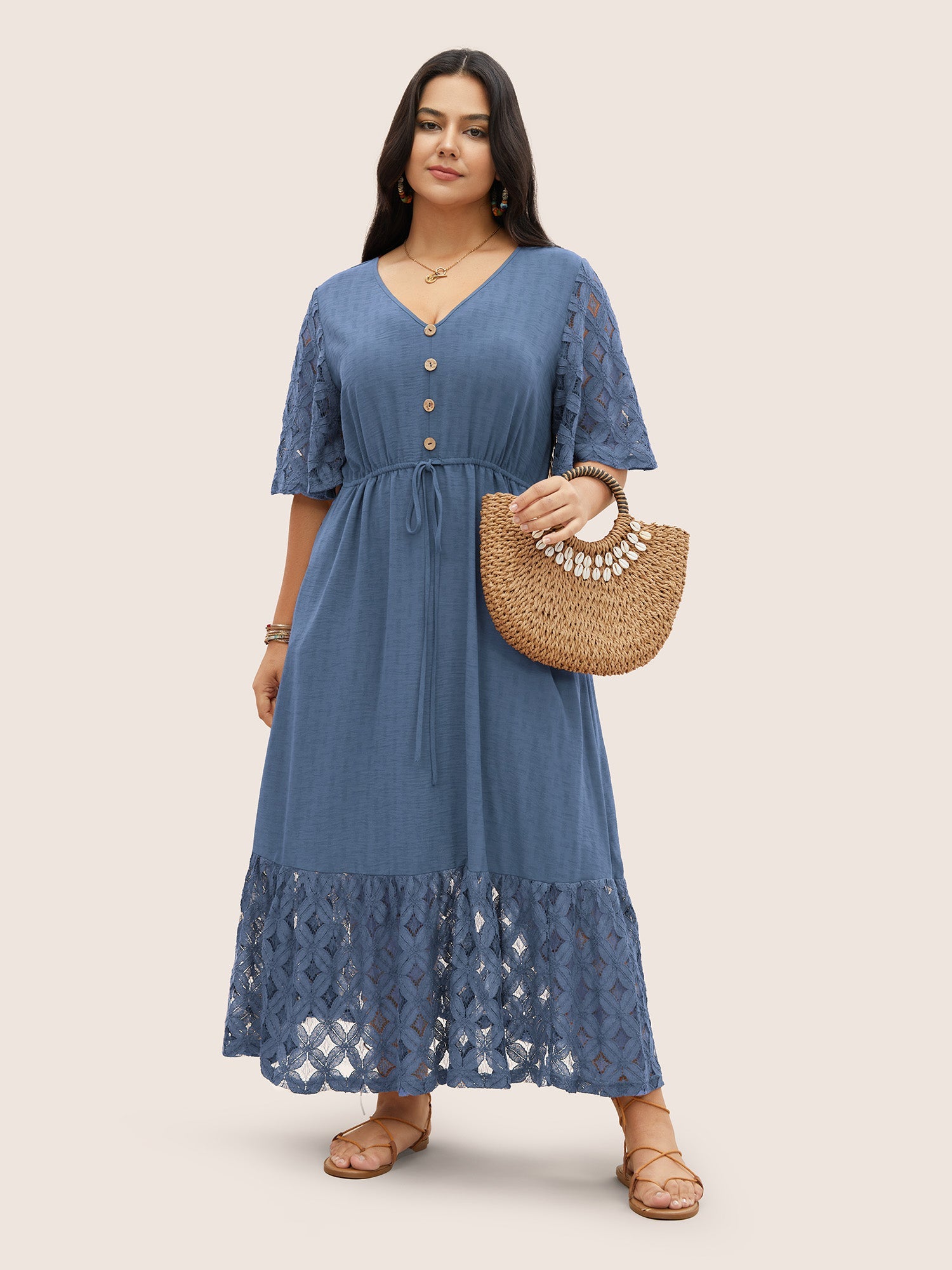 Crochet Lace Mesh Button Detail Drawstring Dress