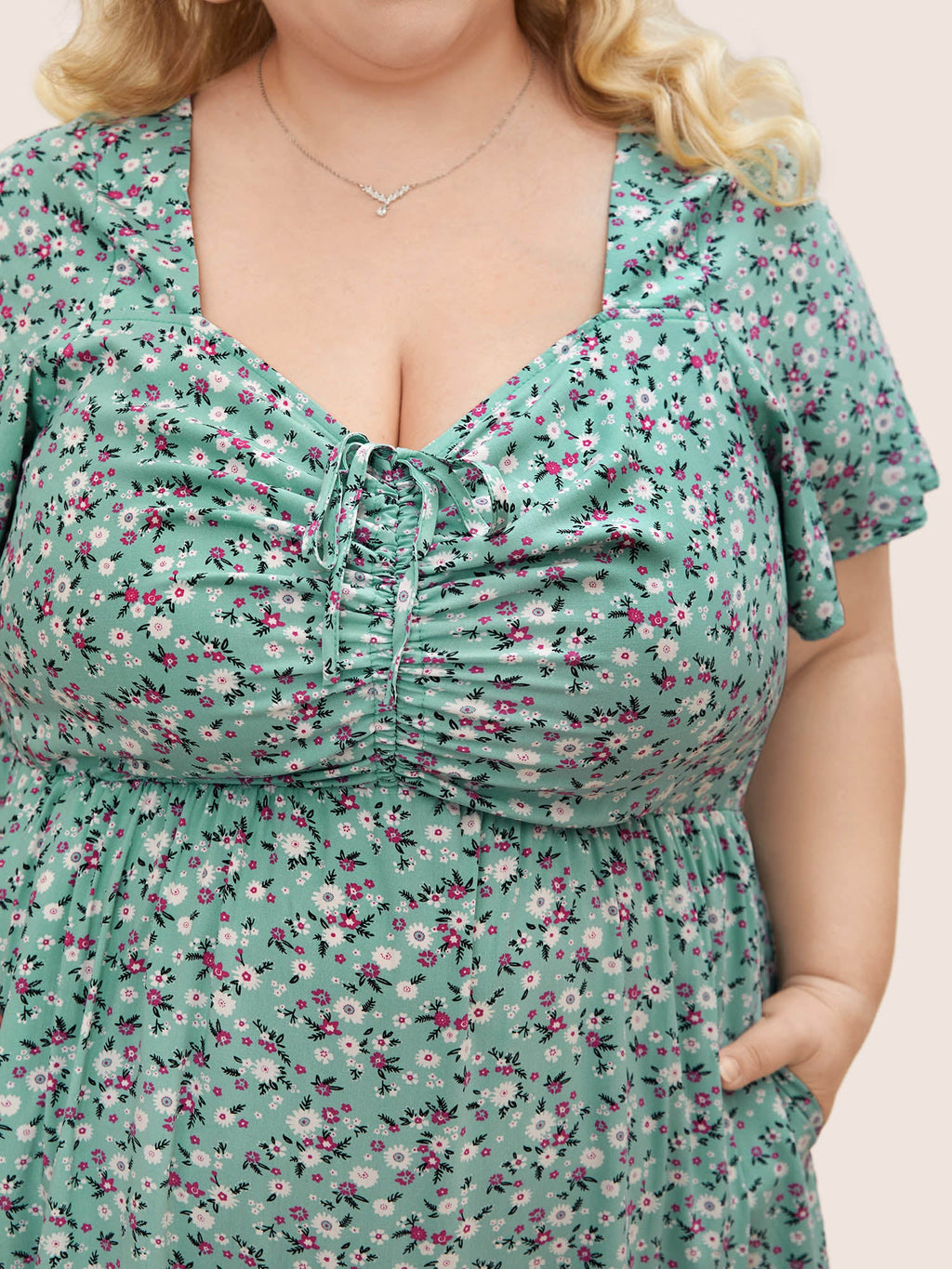 Ditsy Floral Drawstring Ruched Pocket Ruffle Tiered Dress