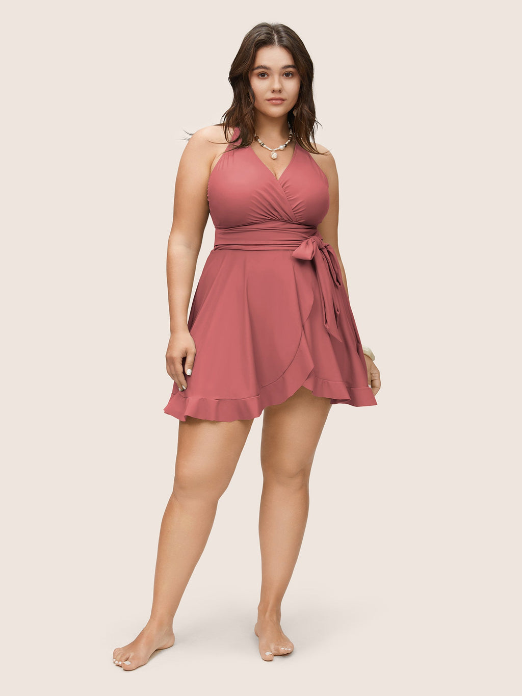 Plain Ties Wrap Flutters Swim Dress