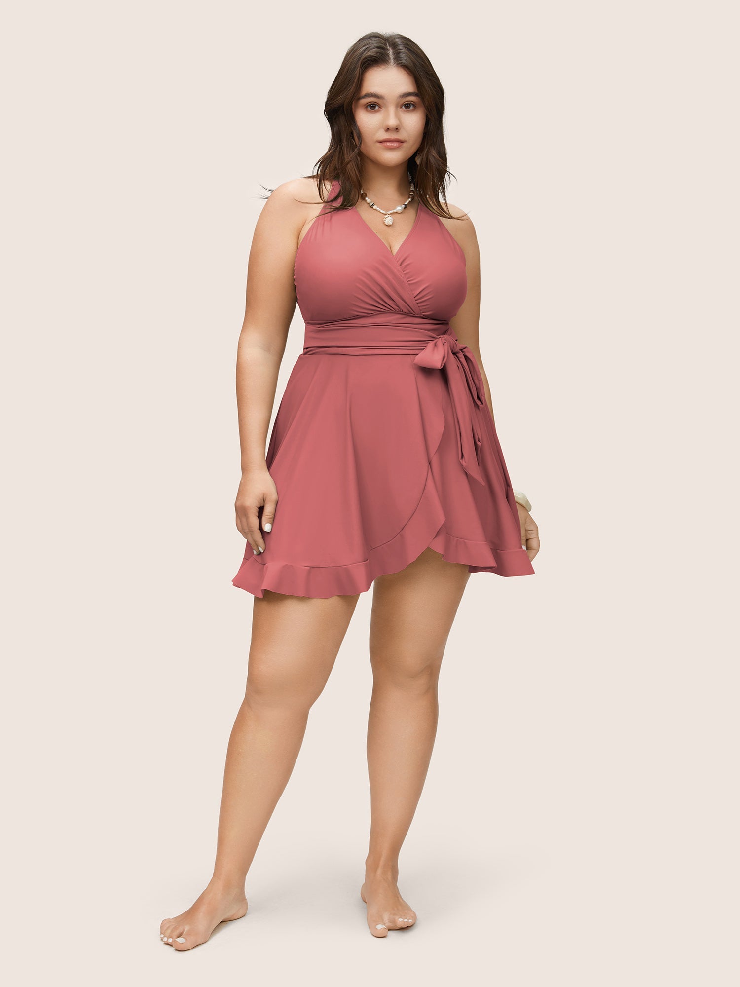 Plain Ties Wrap Flutters Swim Dress