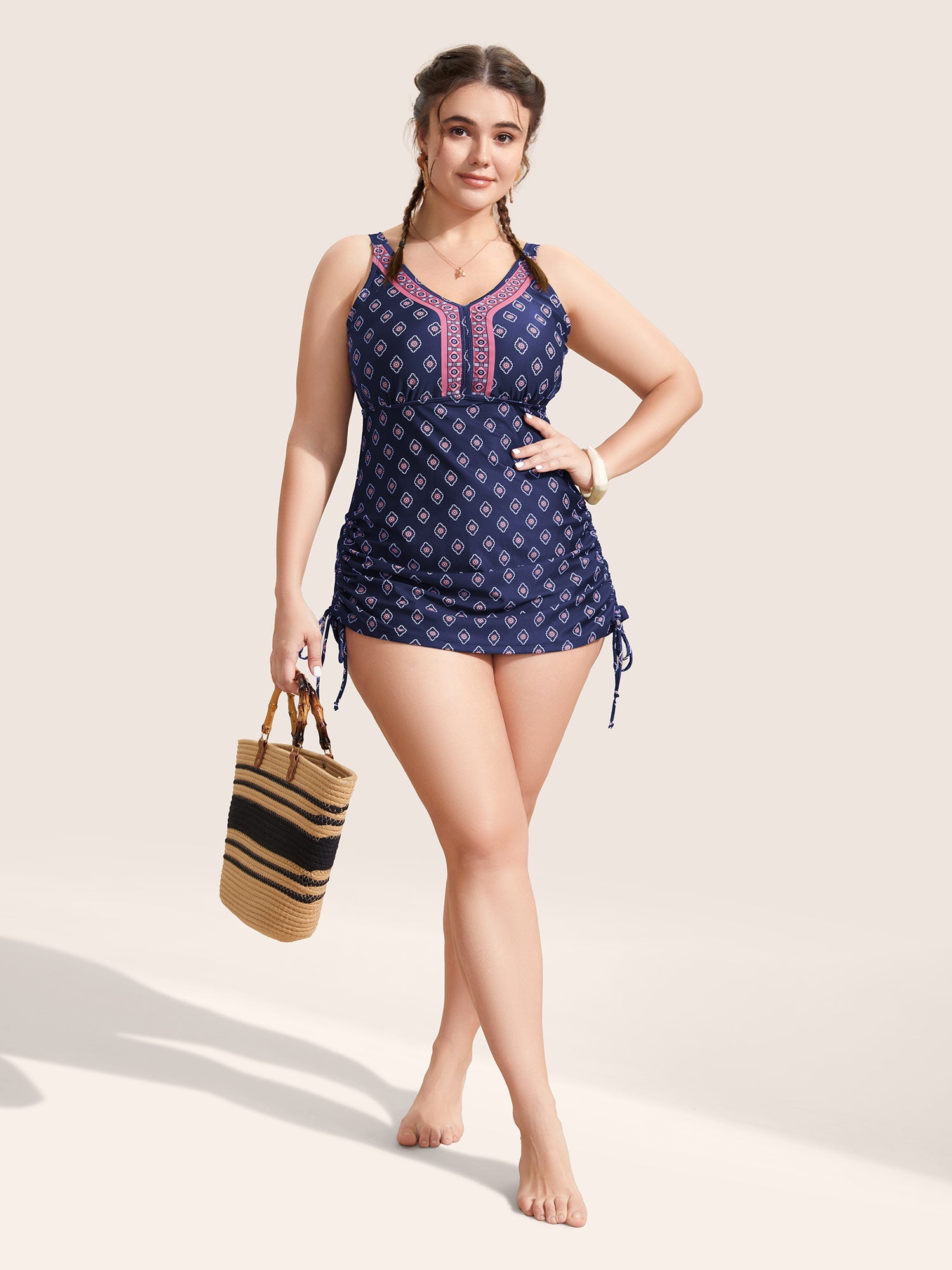 V Neck Bandana Print Drawstring Swim Top