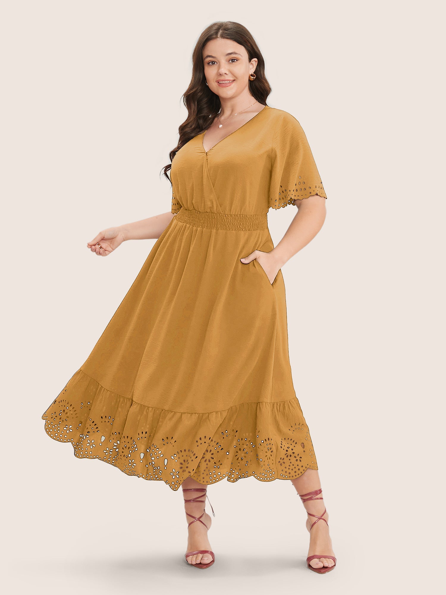 Solid Laser Cut Shirred Pocket Wrap Scalloped Trim Flutter Dress