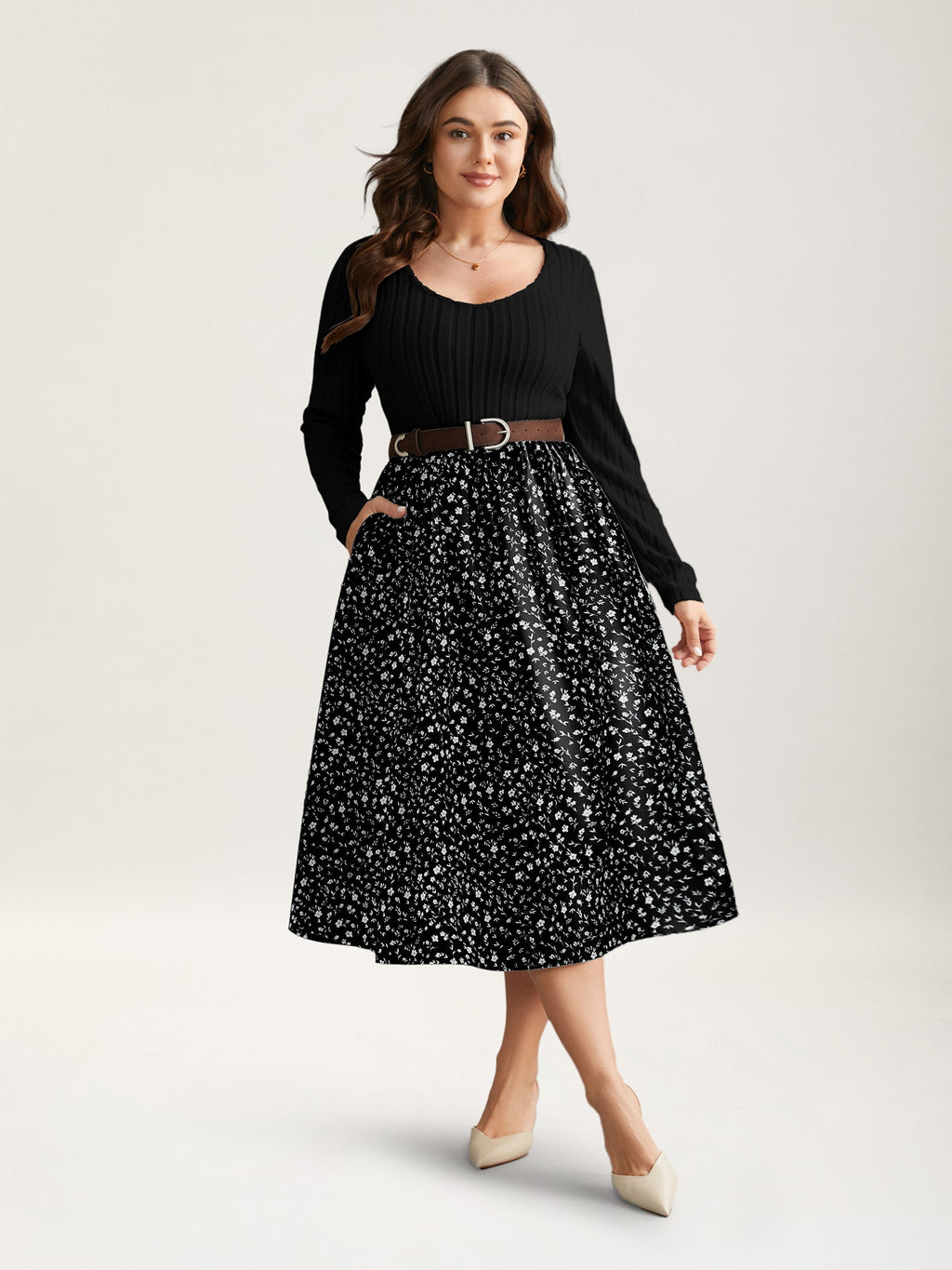 Ditsy Floral Patchwork Texture Midi Dress