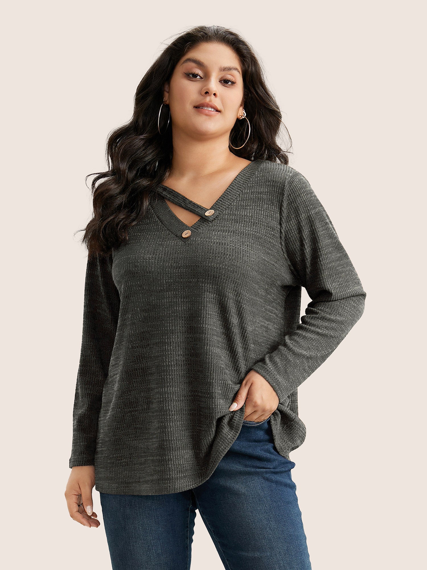 Solid Rib Knit Button Detail T-shirt