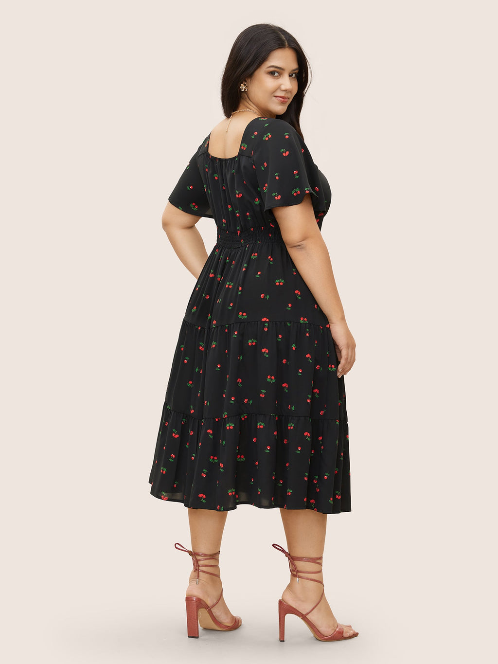 Citrus Fruit Print Heart Neckline Drawstring Pleated Dress