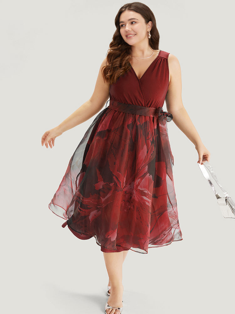 Floral Print Belted Patchwork Pocket Tank Dress