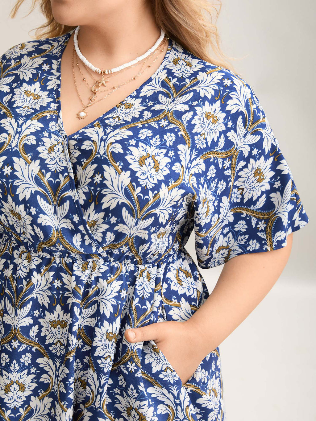 Boho Print Shirred Surplice Neck Midi Dress