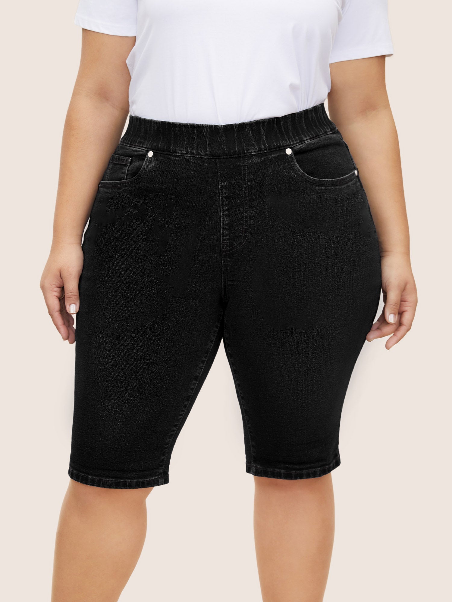 Roll Hem Elastic Waist Dark Wash Denim Shorts