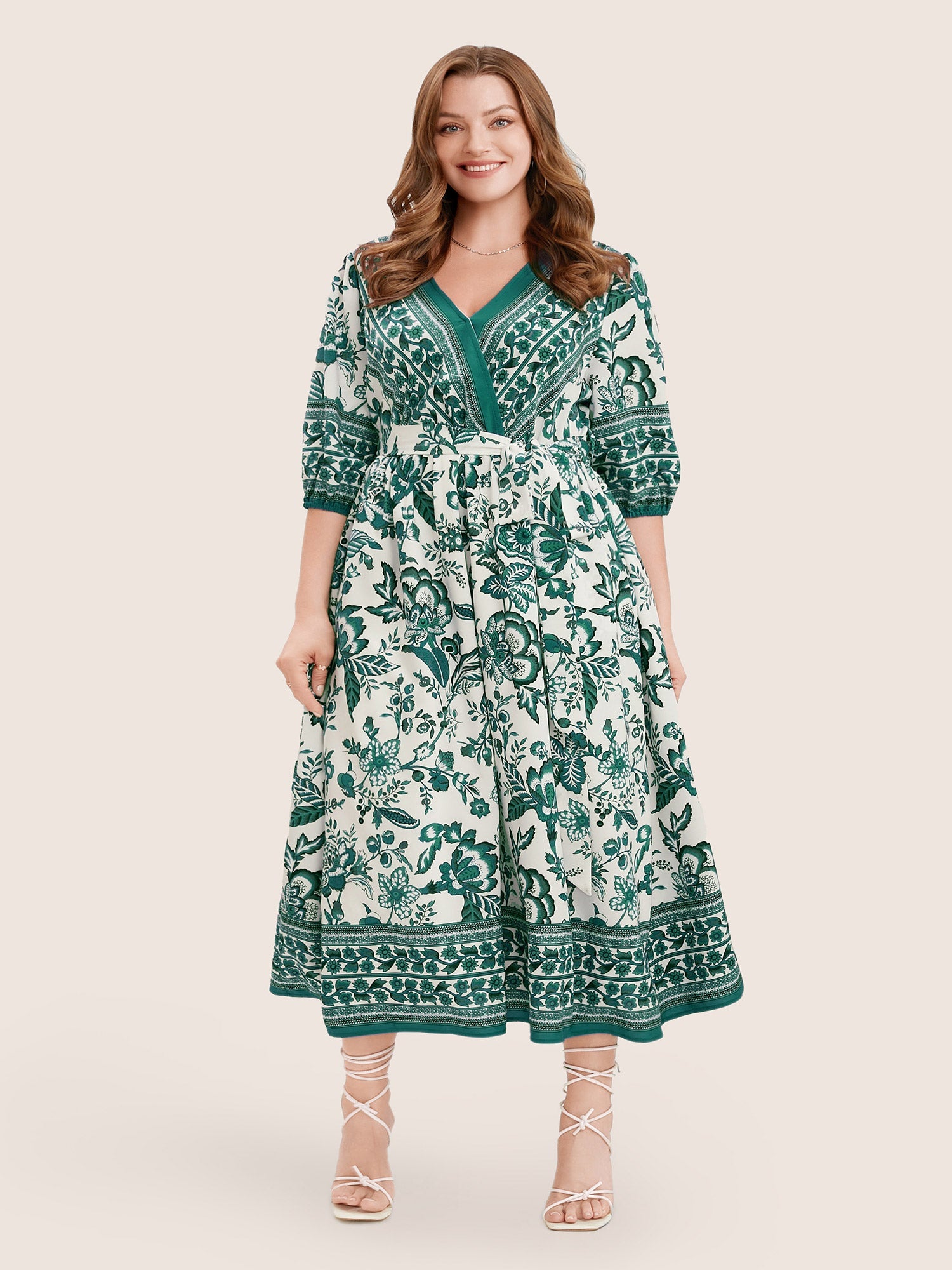 Bandana Print Surplice Neck Lantern Sleeve Pocket Belted Midi Dress