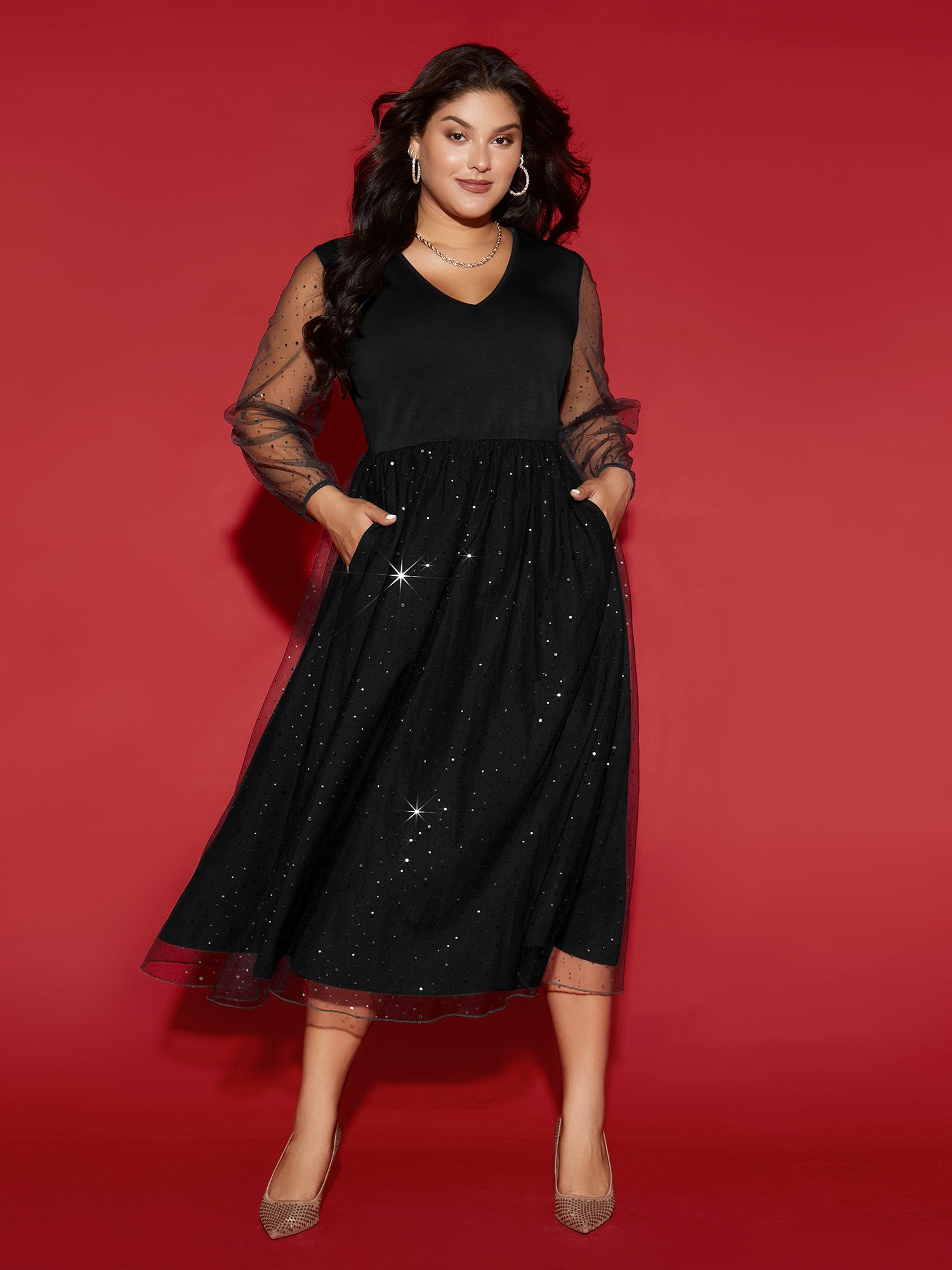 Sheer Mesh Shimmering Sequins Maxi Dress