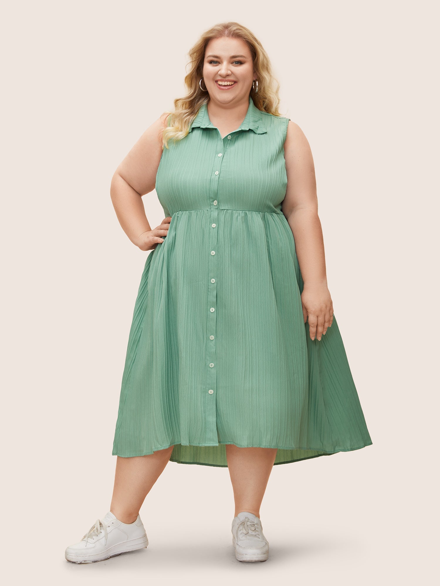 Solid Shirt Collar Ruffle Pocket High Low Hem Button Up Dress