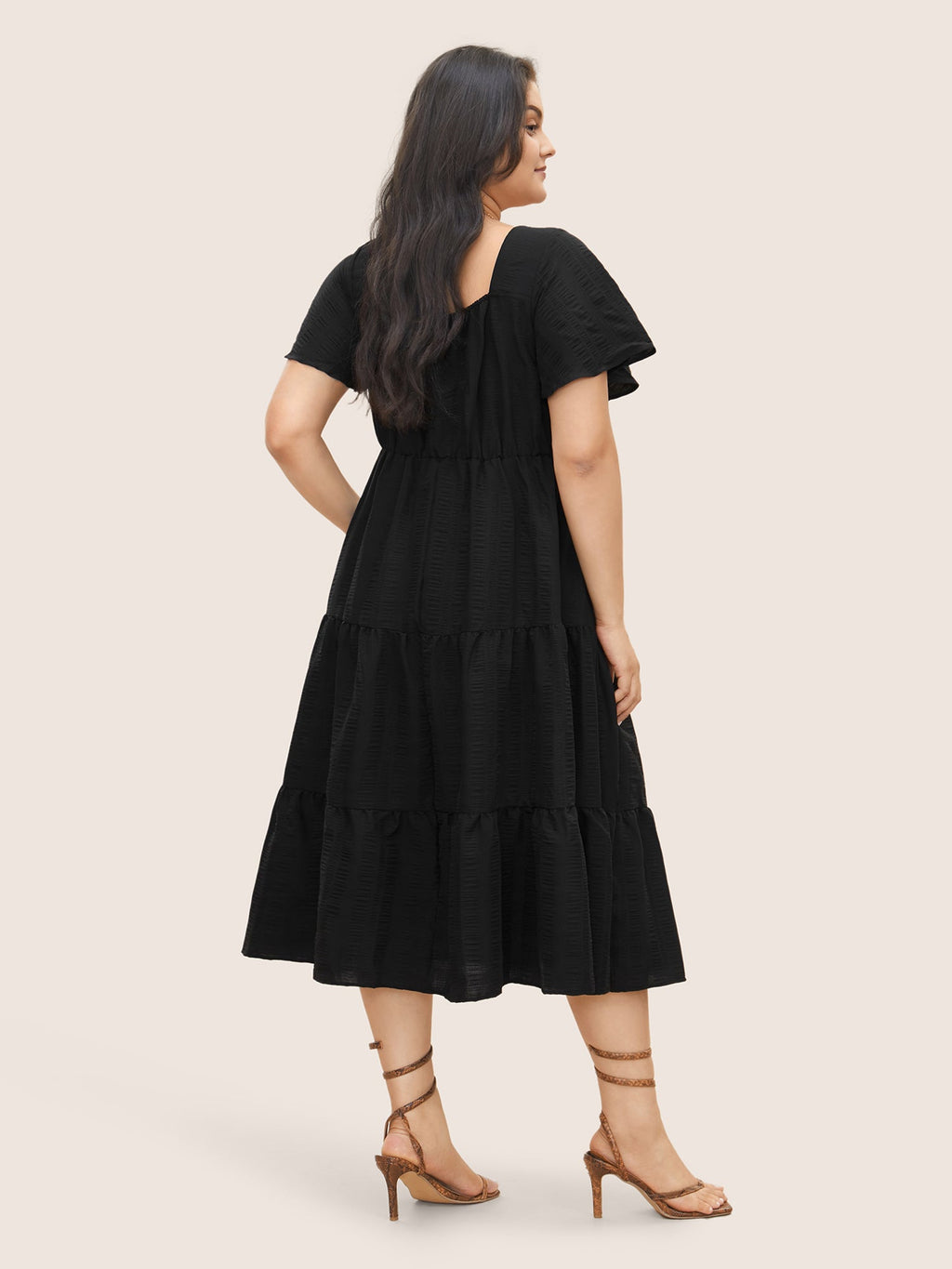 Plain Ruched Drawstring Pocket Ruffle Tiered Dress