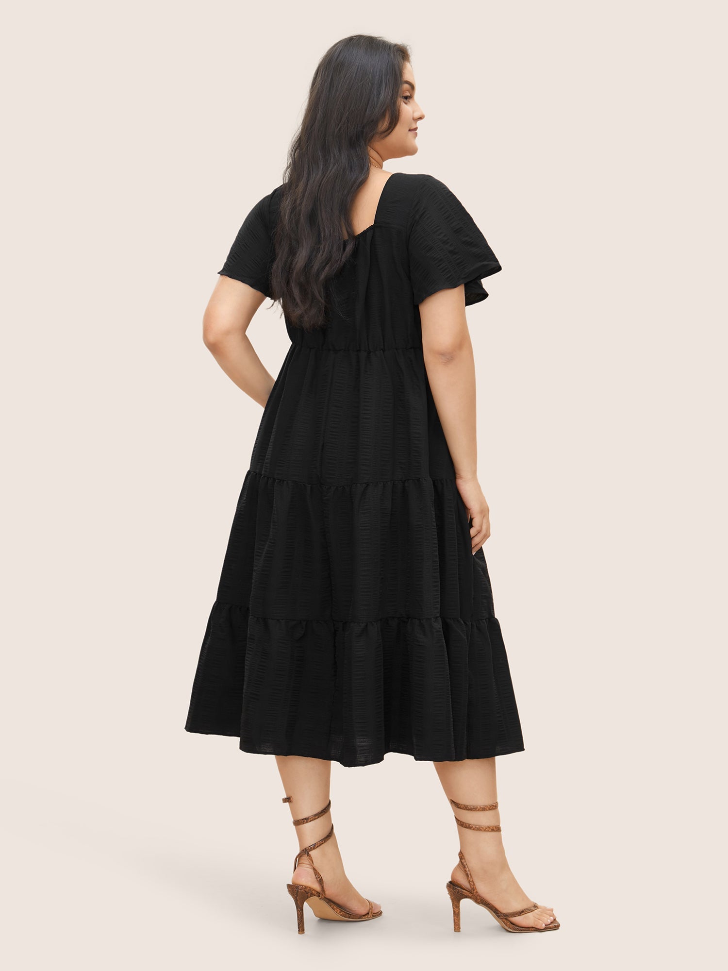 Plain Ruched Drawstring Pocket Ruffle Tiered Dress