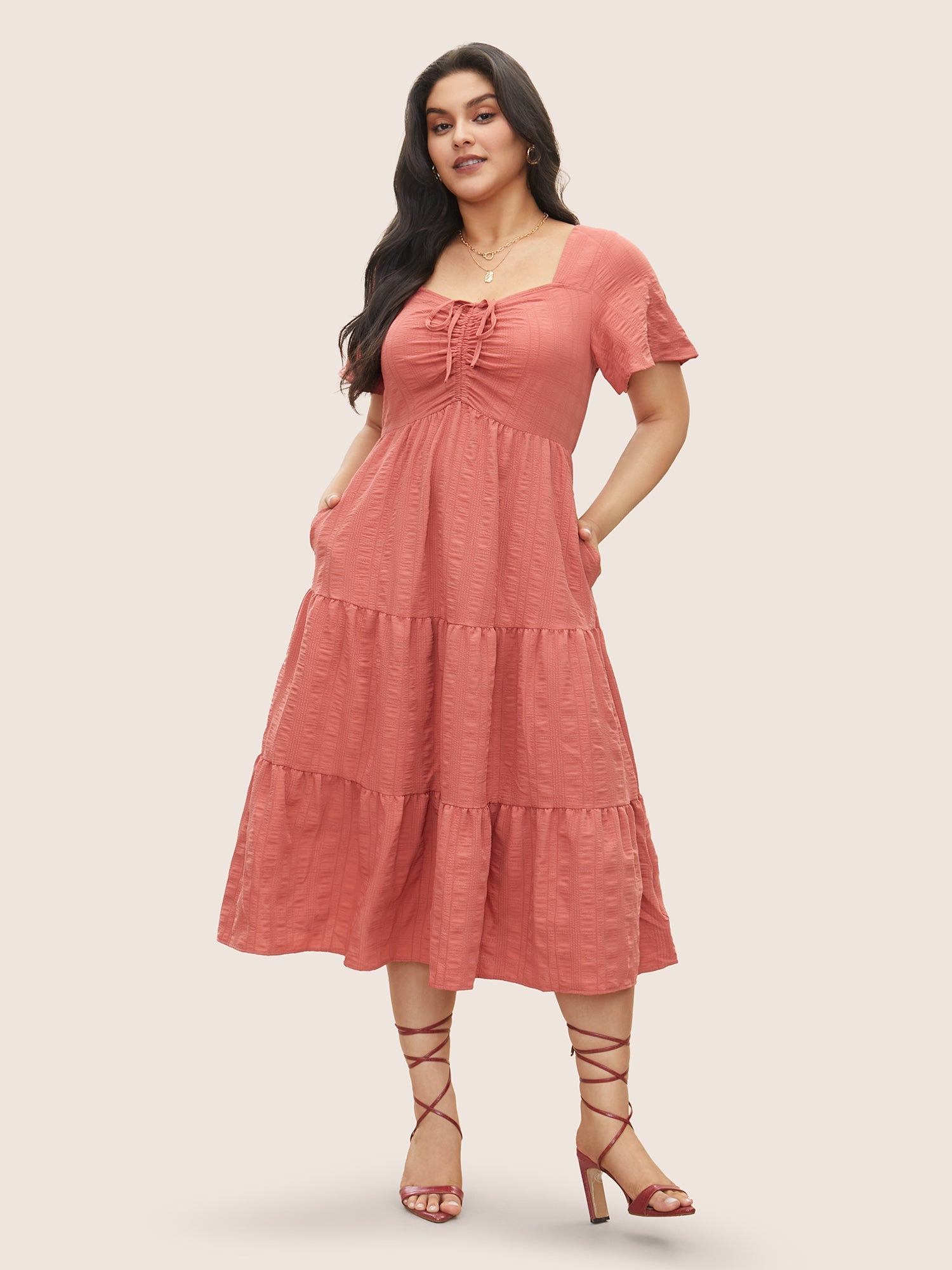 Plain Ruched Drawstring Pocket Ruffle Tiered Dress