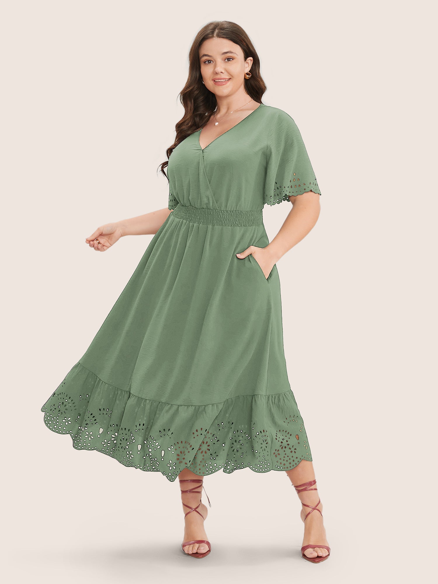 Solid Laser Cut Shirred Pocket Wrap Scalloped Trim Flutter Dress
