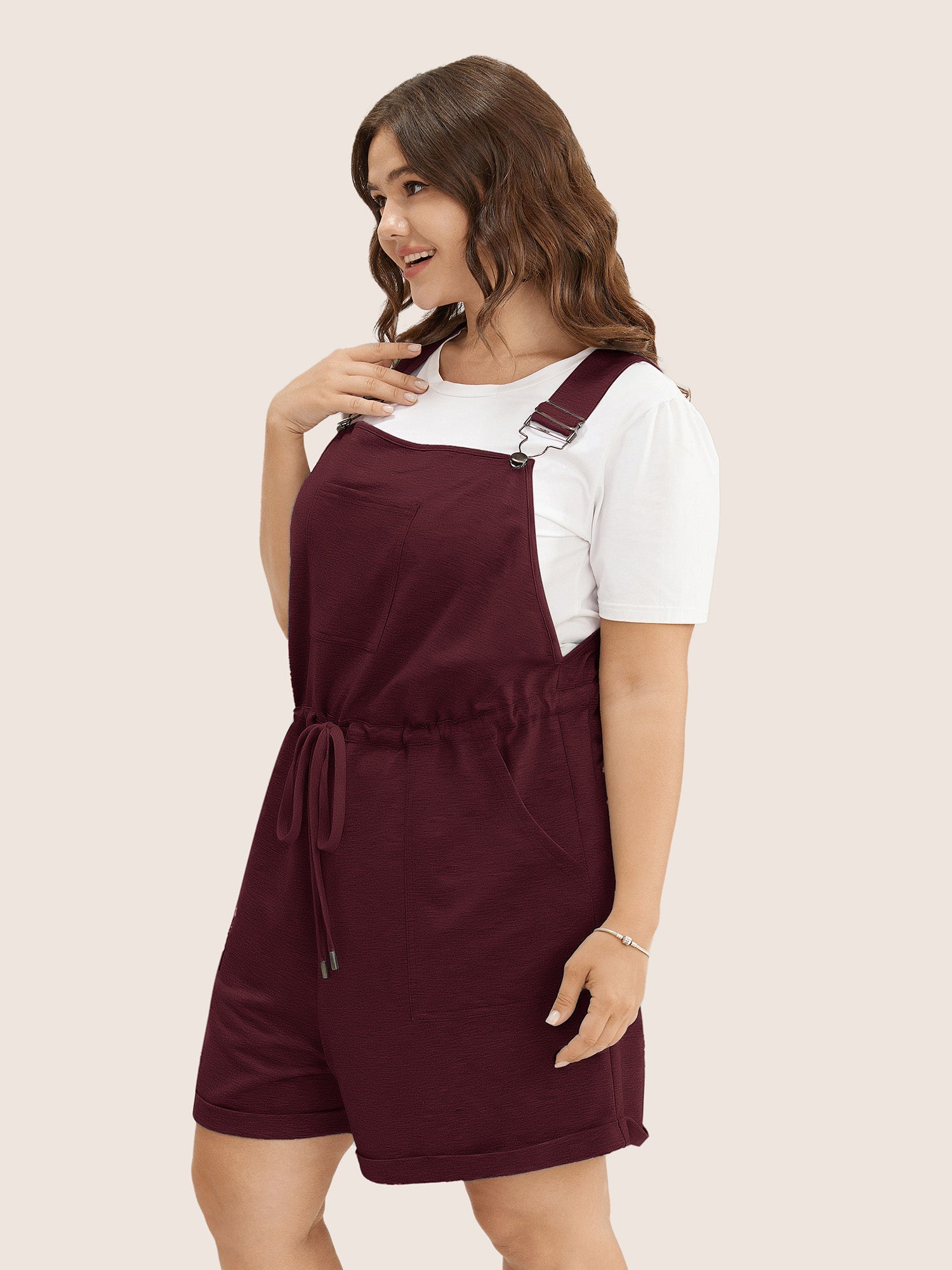 Solid Pocket Drawstring Overall Romper