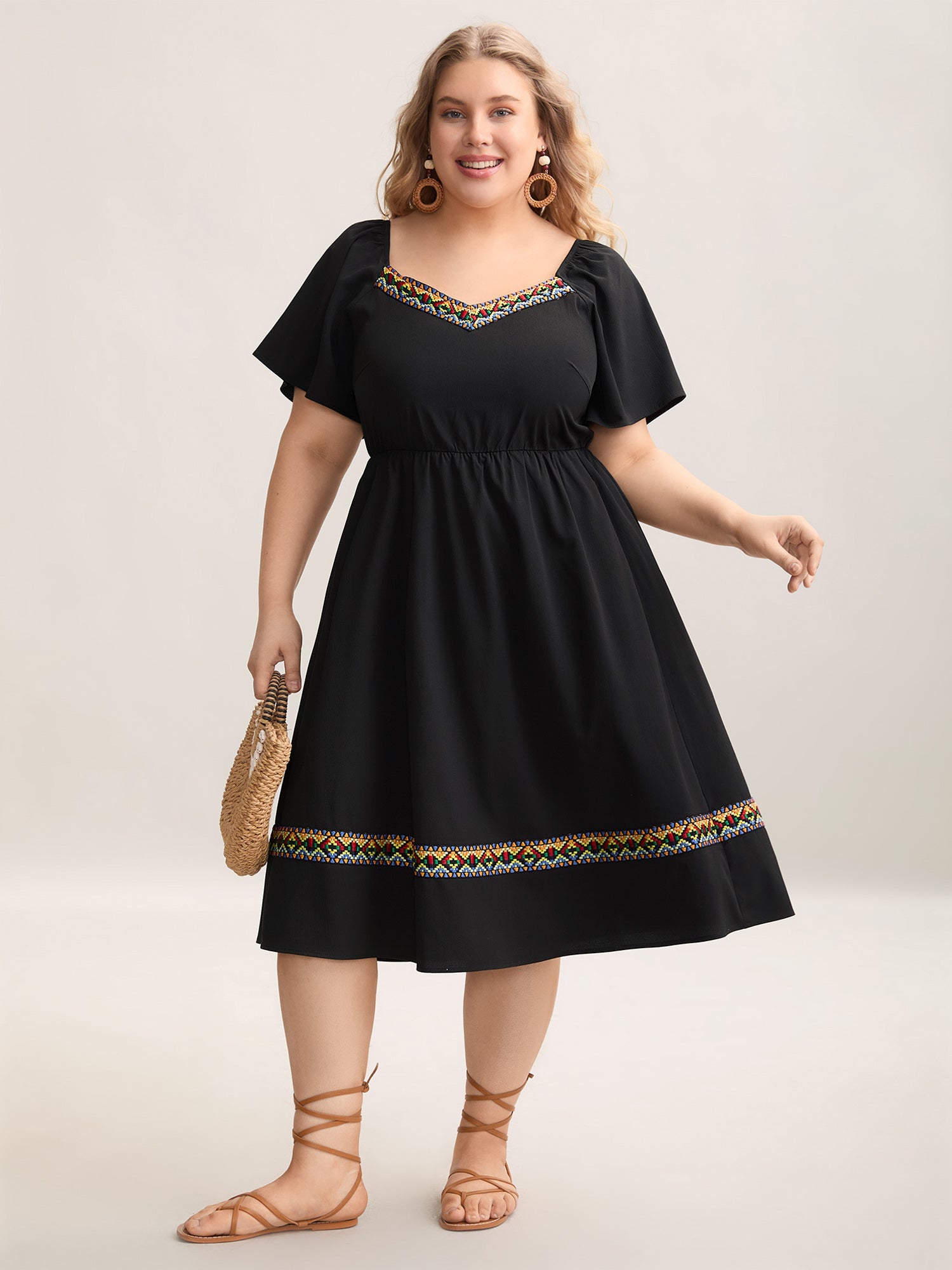 Textured Stretchy Waist Pockets Midi Dress