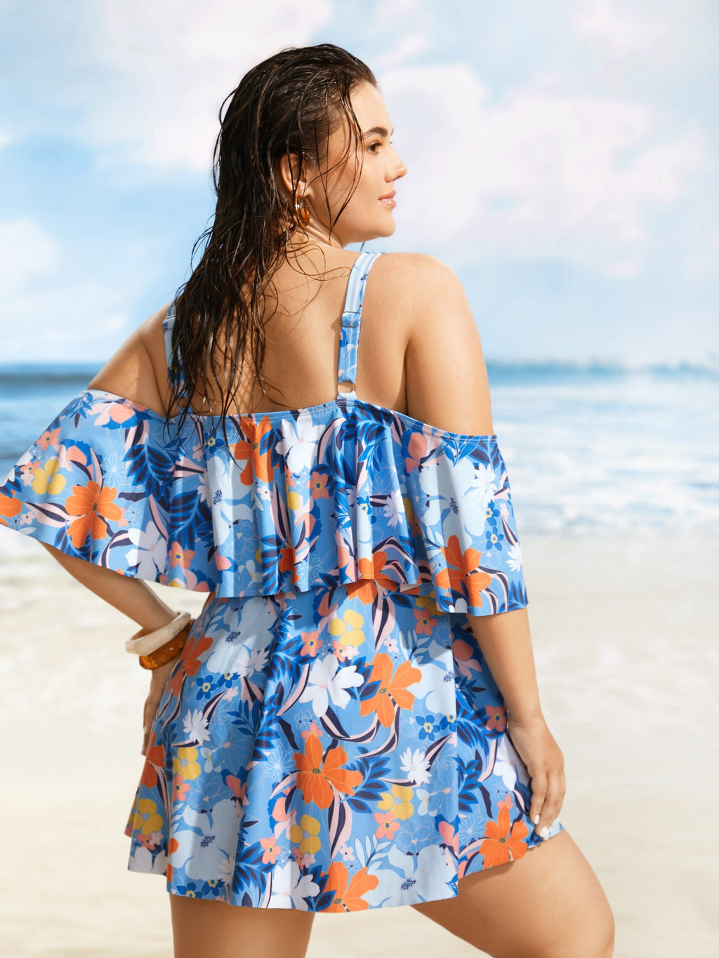 Tropical Adjustable Straps Cold Shoulder Ruffles Trim Swim Dress