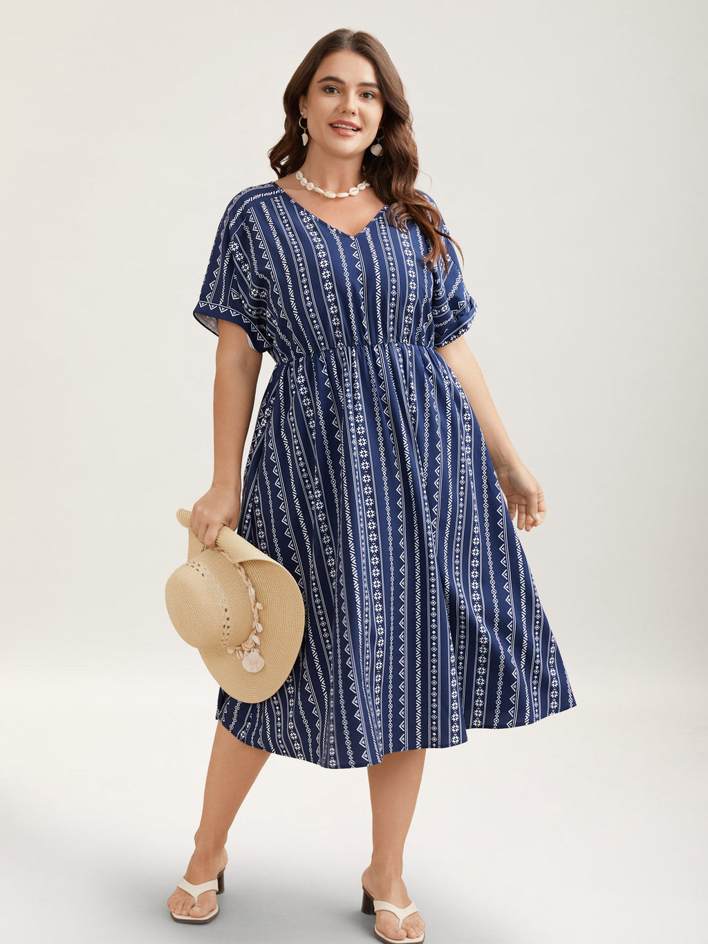 Striped Waist-Cinched Dolman Sleeve Midi Dress