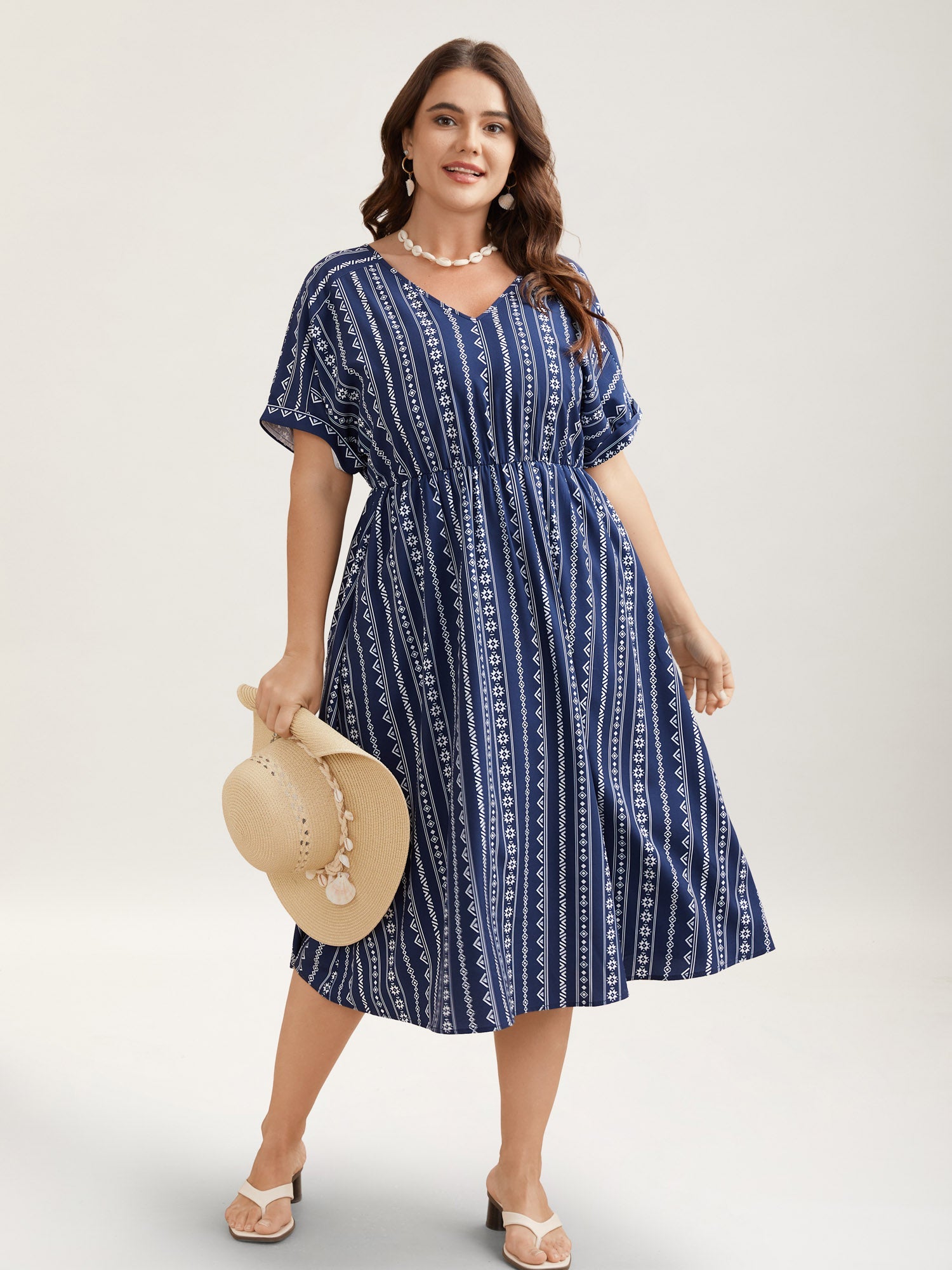 Striped Waist-Cinched Dolman Sleeve Midi Dress
