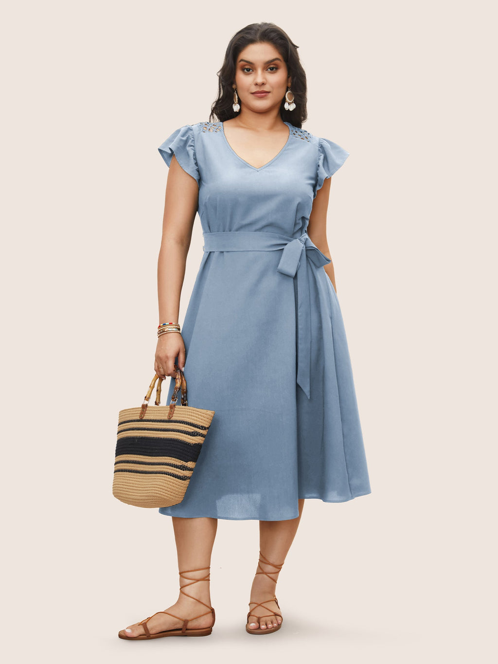 Solid Cut Out Ruffle Cap Sleeve Dress