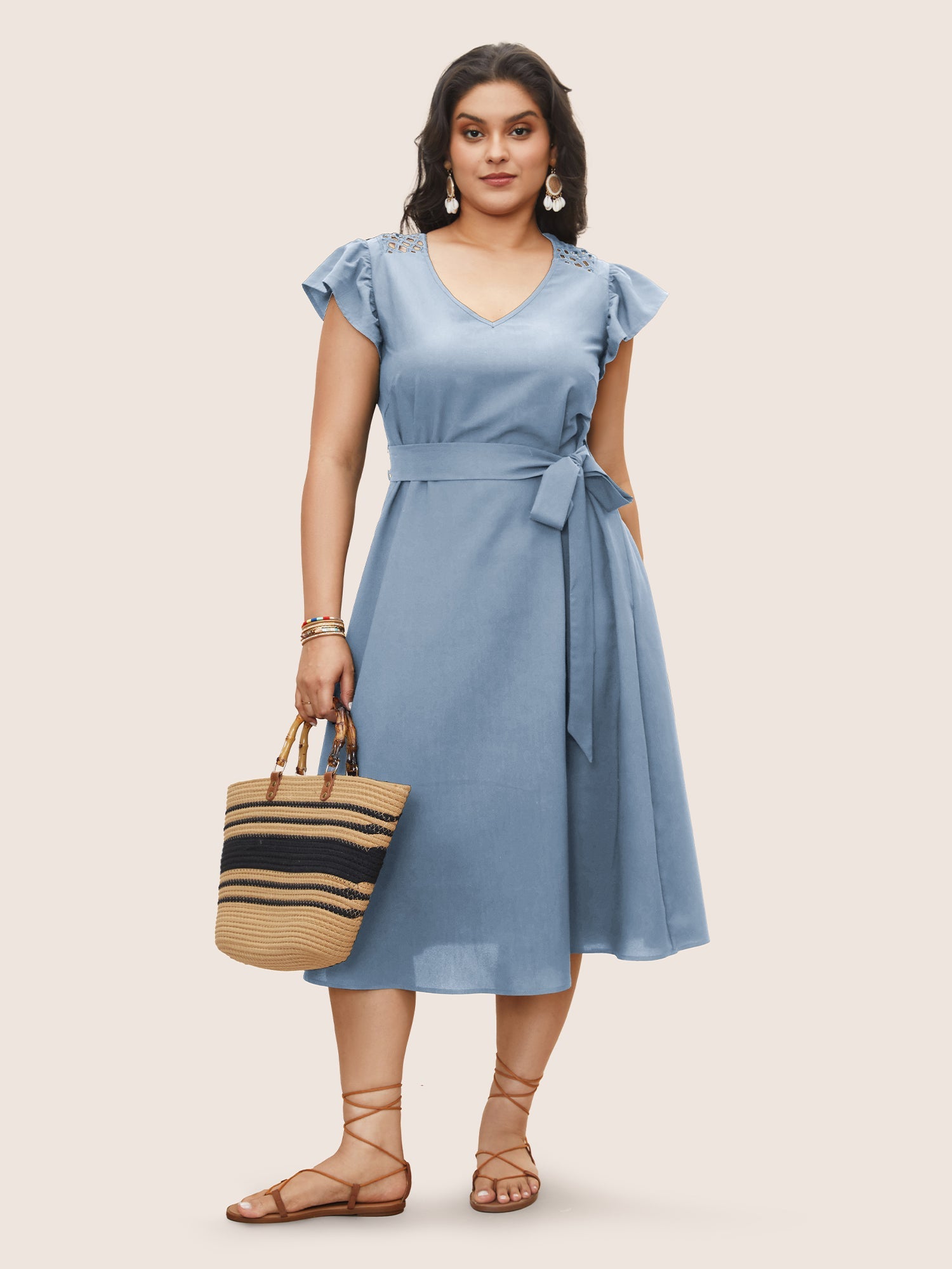 Solid Cut Out Ruffle Cap Sleeve Dress