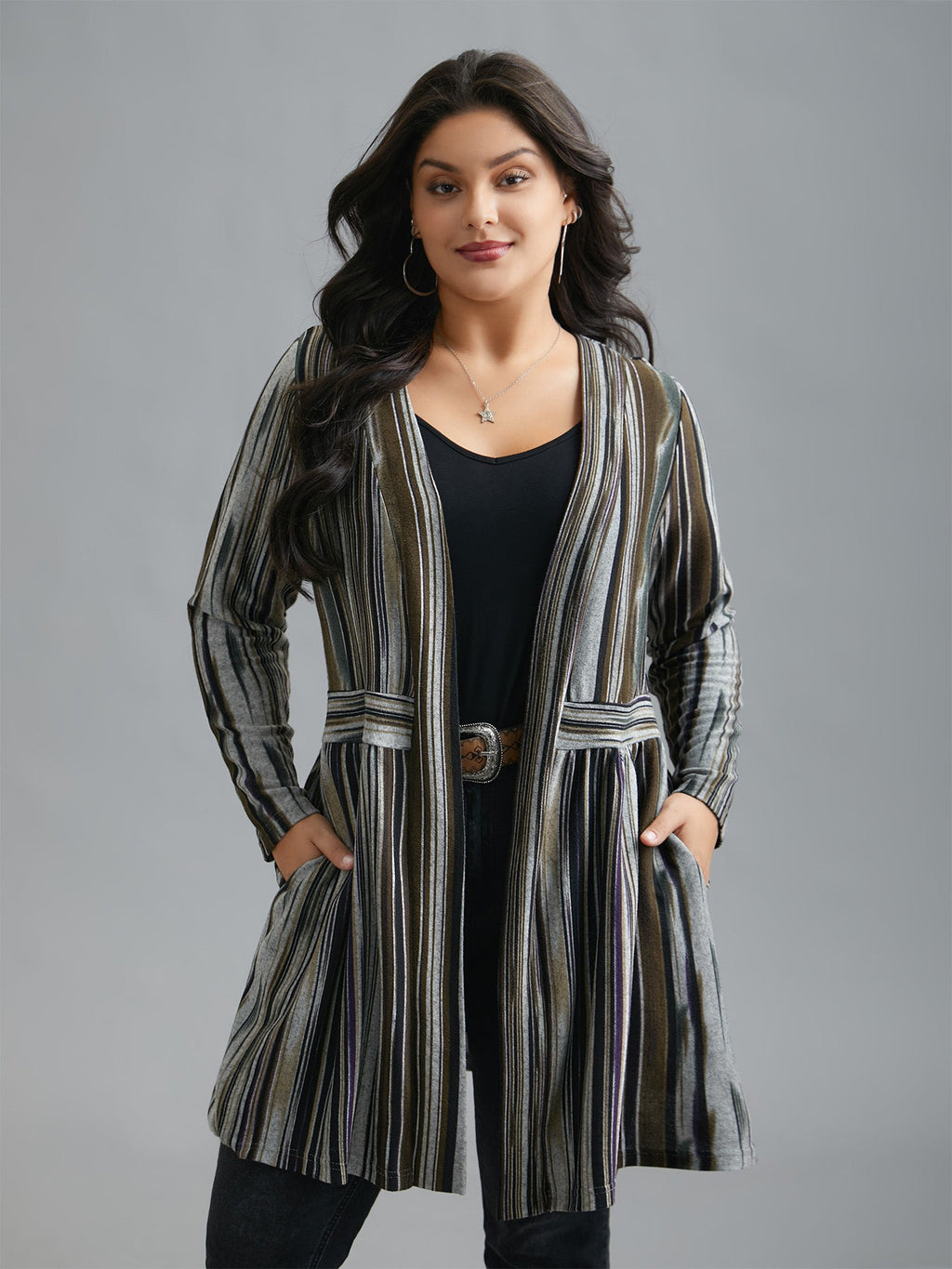 Colored Striped Open Front Waist Defining Jacket
