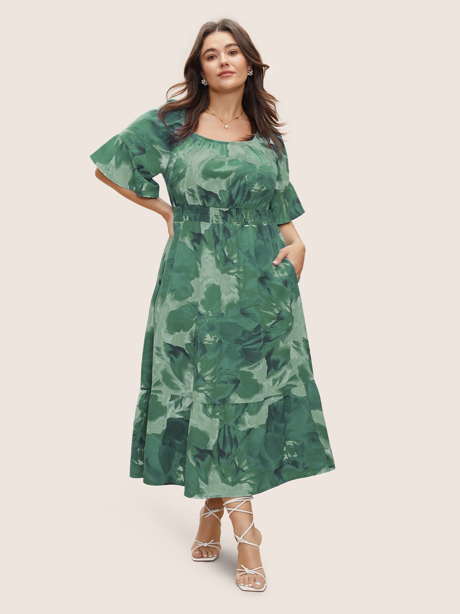 Square Neck Floral Shirred Ruffle Sleeve Dress