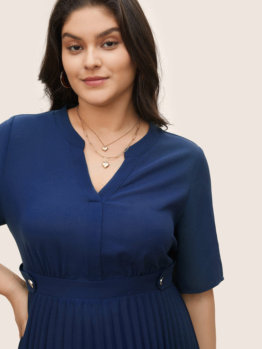 Solid Button Detail Notched Pleated Hem Dress