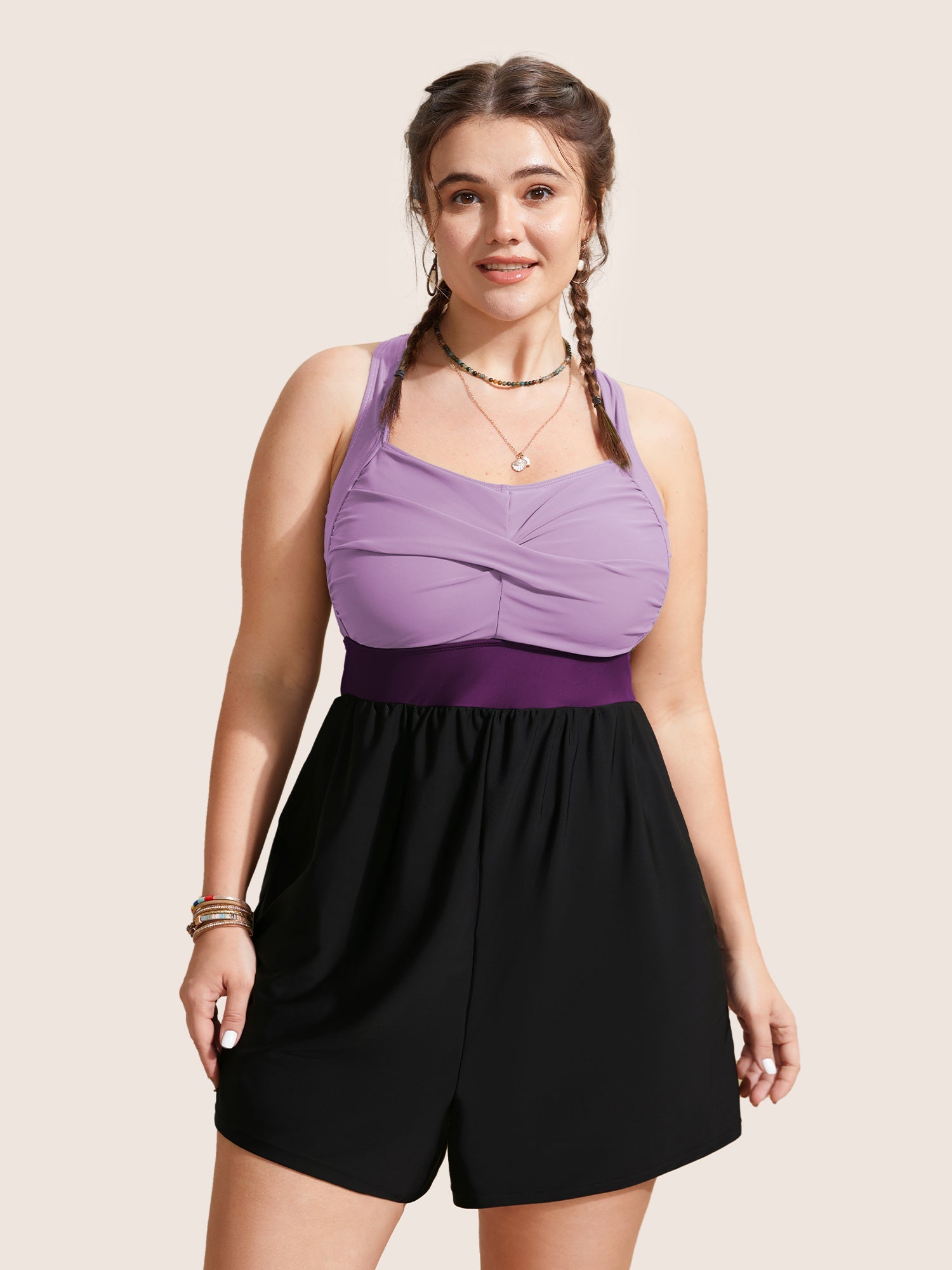 Patchwork Contrast Crossover One Piece Swimsuit