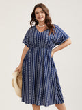Striped Waist-Cinched Dolman Sleeve Midi Dress