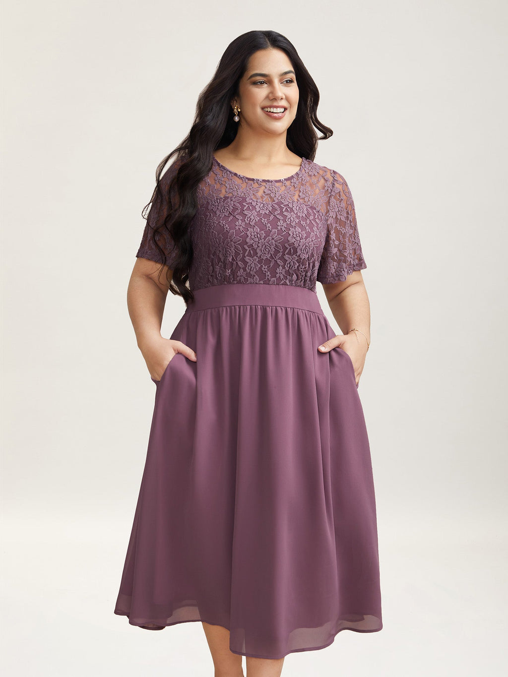 Chiffon Lace Waist-Defining Midi Dress