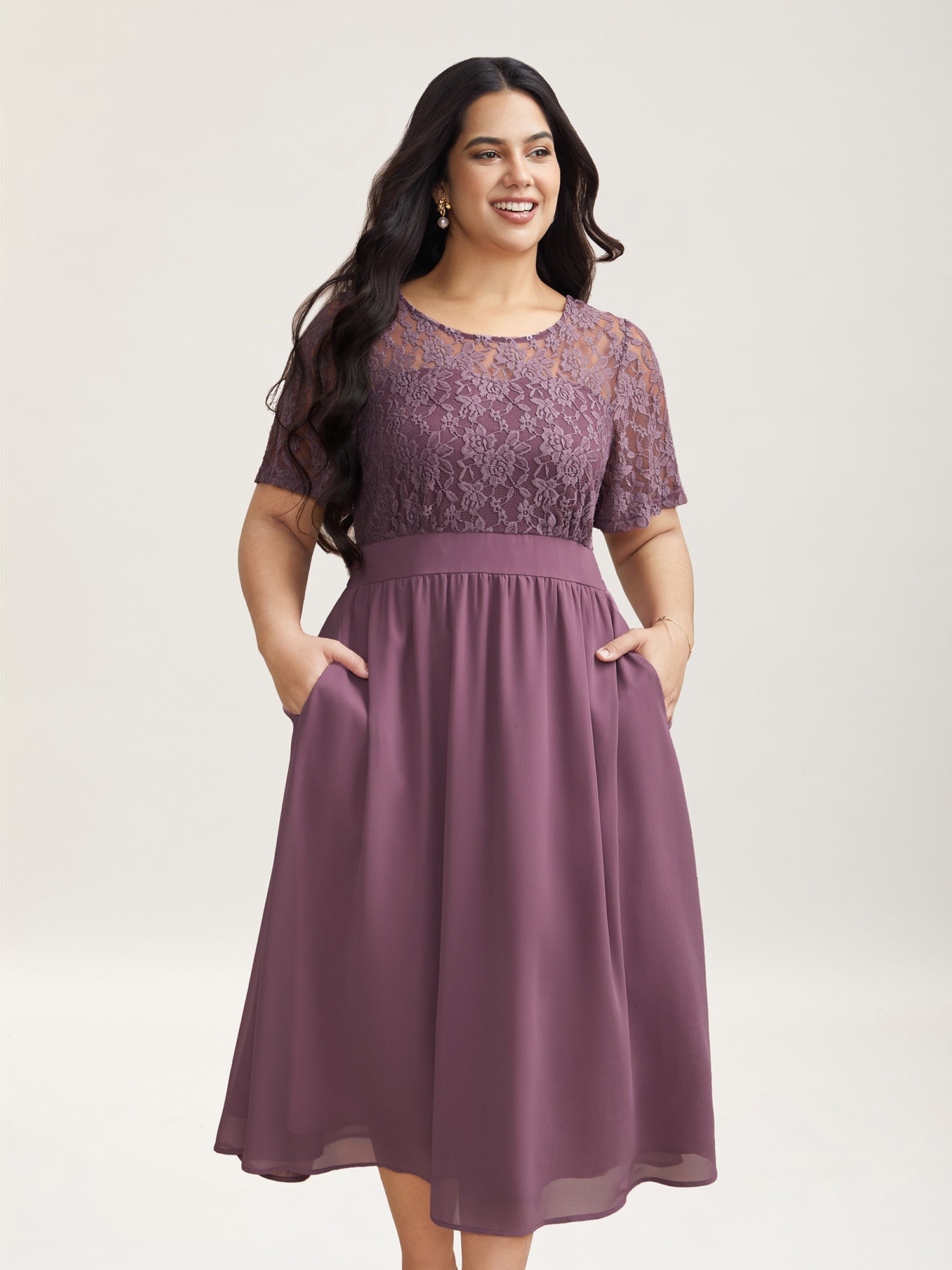 Chiffon Lace Waist-Defining Midi Dress